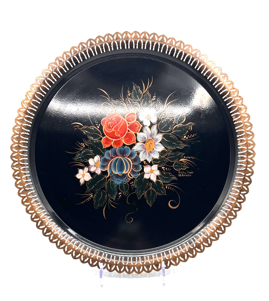 Vintage Hand Painted Toleware Floral Tray Signed Patty Blair 15