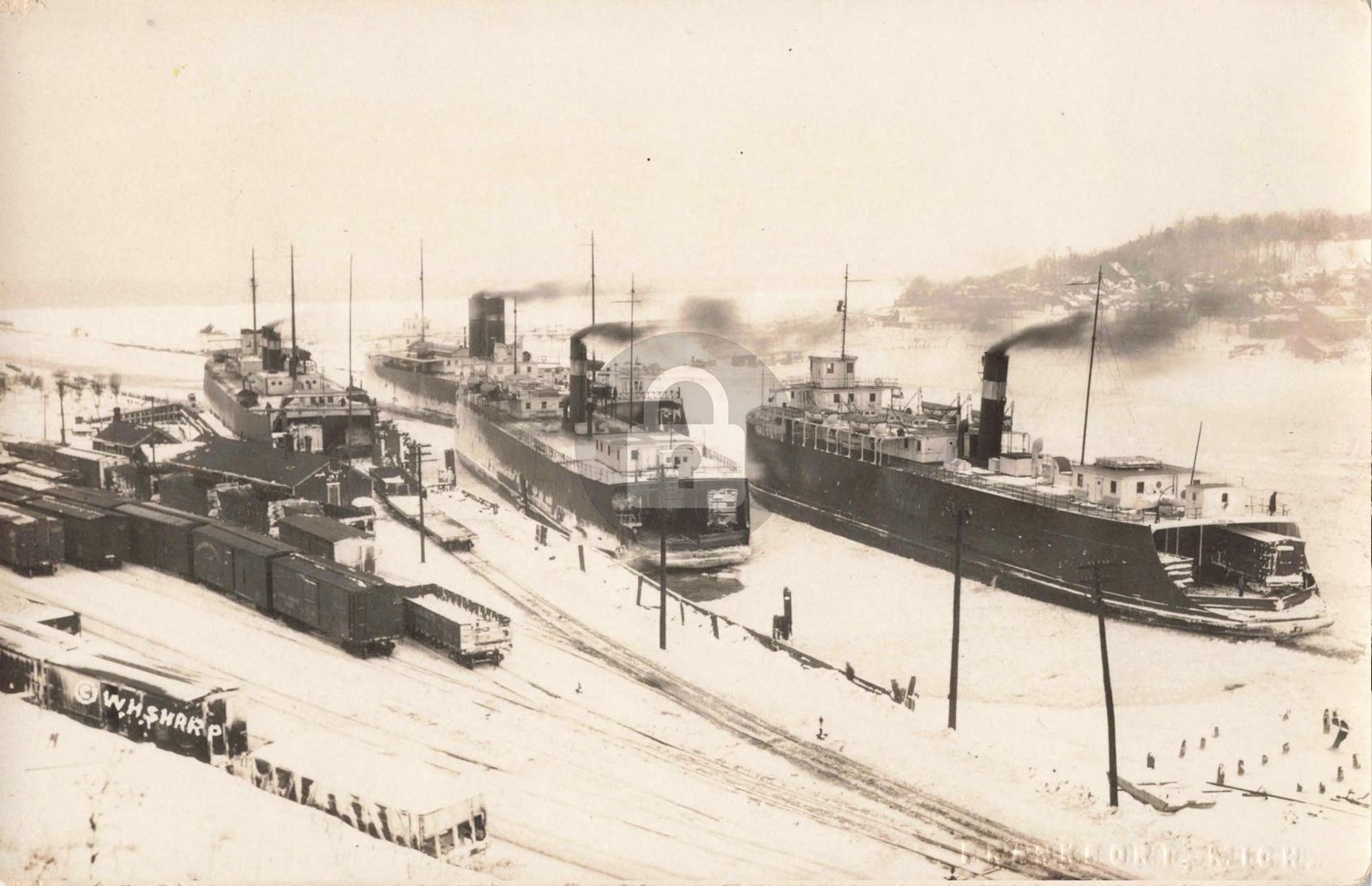 Railroad Scene w Steamers, Frankfort MI Michigan 1924 RPPC Photo Postcard COPY