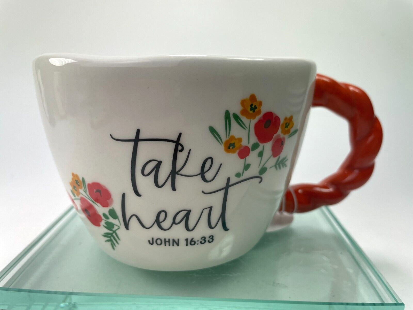 Takes Hearts John 16:33 Floral Mug 16oz By Sunday Morning Twisted Handle RareB48