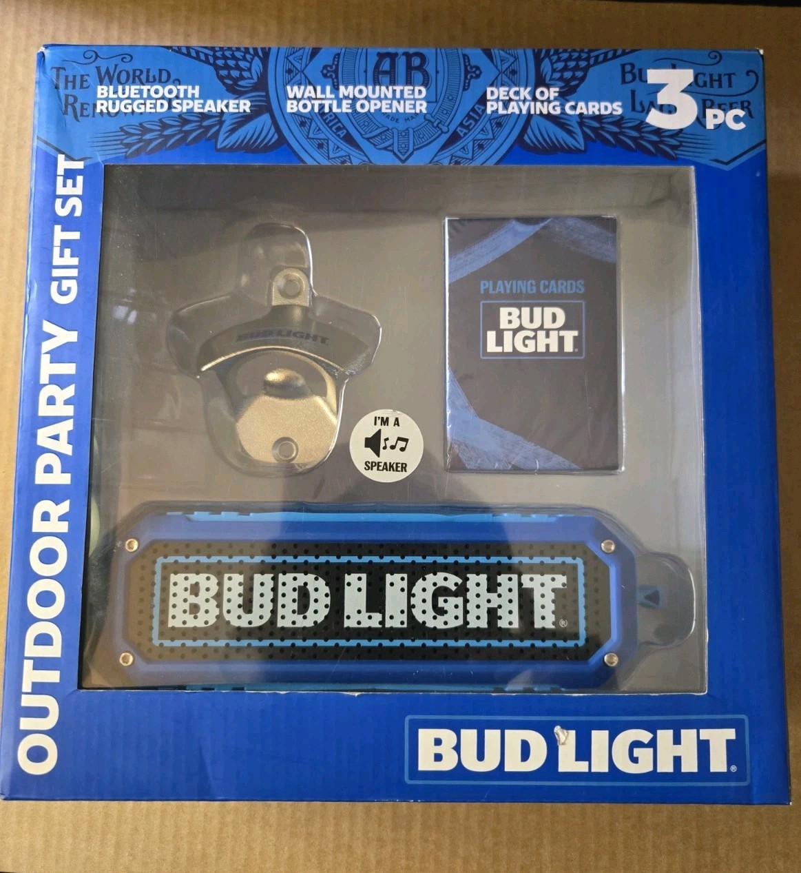 Bud Light Outdoor Party Gift set W/ Bluetooth speaker & cards Fathers day gift Bud Light Outdoor Party Gift set W/ Bluetooth speaker & cards Fathers day gift