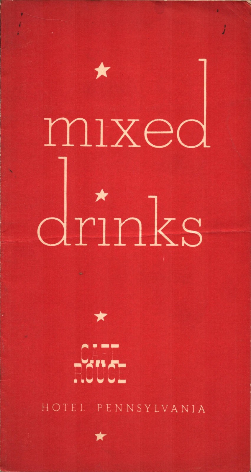 1941 CAFE ROUGE / HOTEL PENNSYLVANIA mixed drinks menu NEW YORK CITY Swing Bands