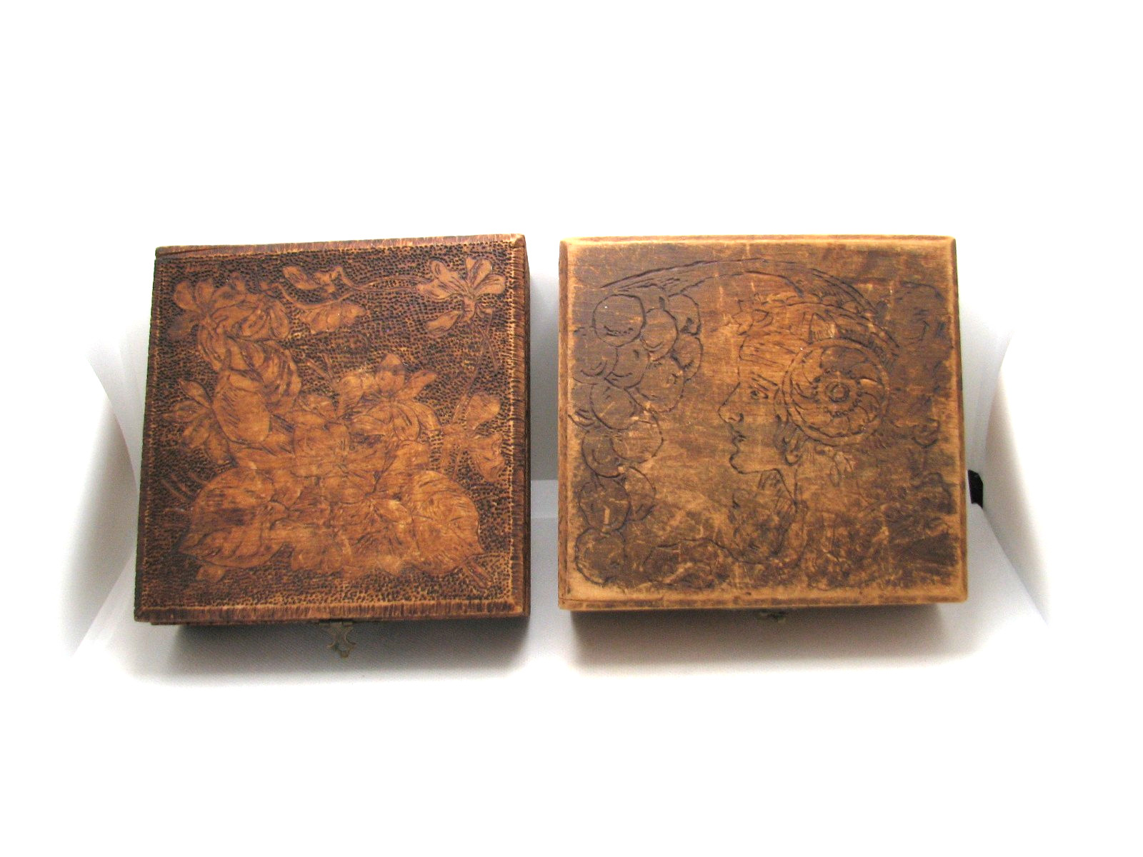 Two Antique Flemish Art Co. New York Pyrography Boxes Maiden w/Grapes, Floral Two Antique Flemish Art Co. New York Pyrography Boxes Maiden w/Grapes, Floral