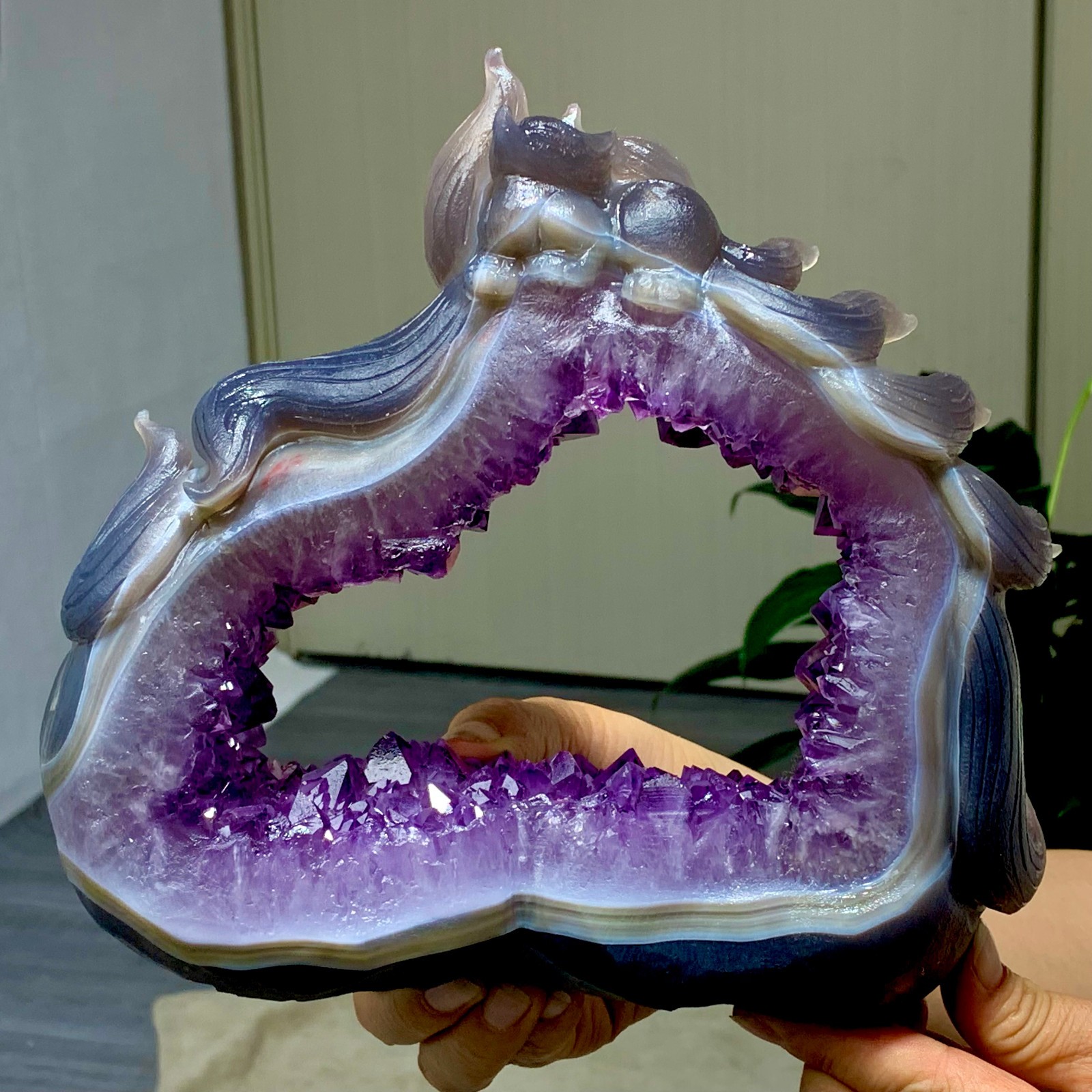 4.4LB Natural Amethyst agate geode quartz crystal Hand carved Purple crystal fox