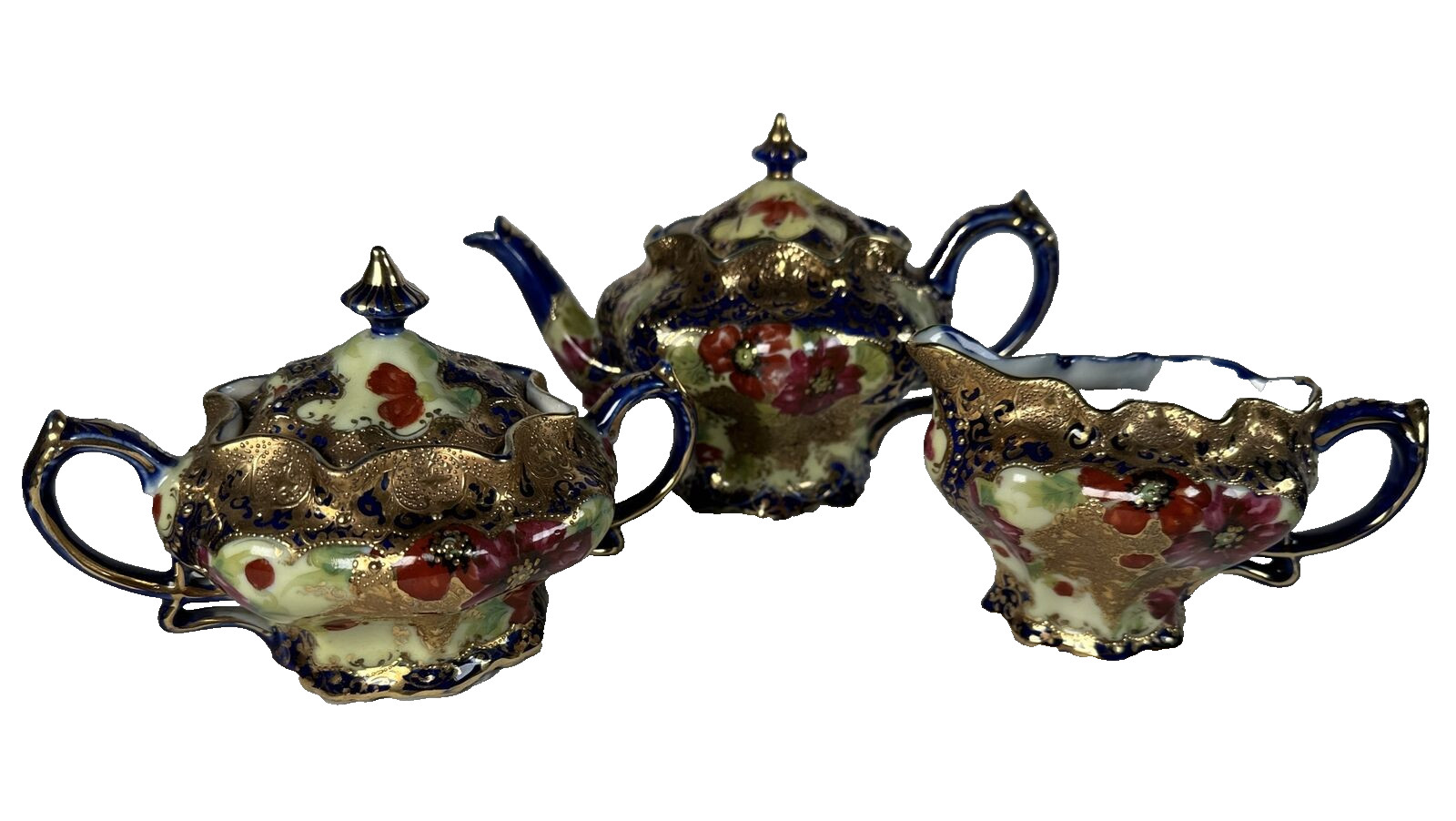 ANTIQUE NIPPON TEA SET COBALT HEAVY GOLD MORIAGE HAND PAINTED SIGNED 3PC