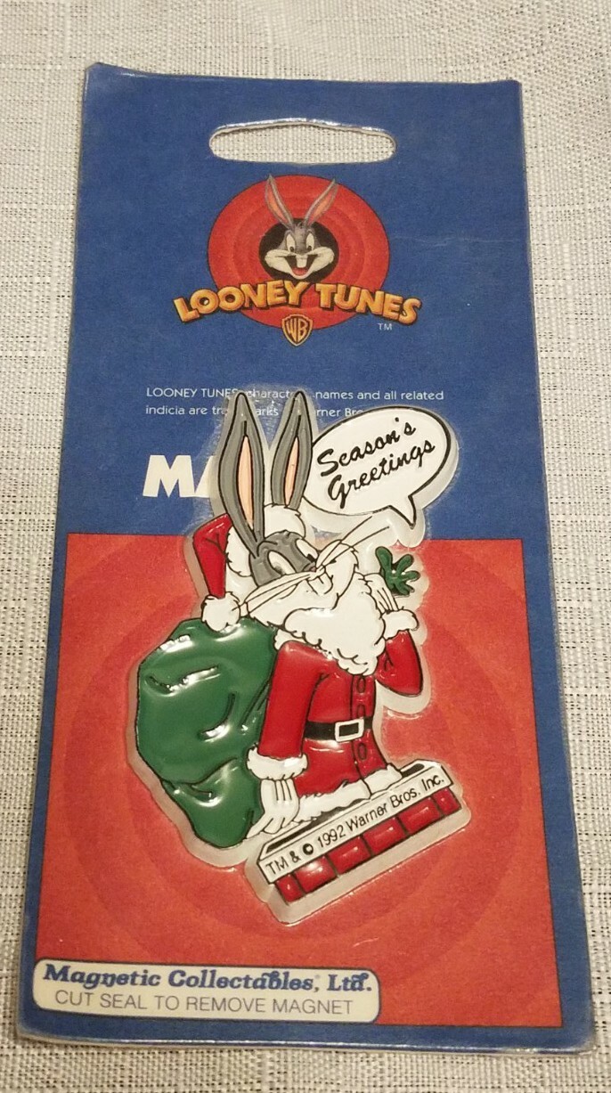 Vintage 1992 Bugs Bunny Looney Tunes Seasons Greetings Christmas Santa Magnet 