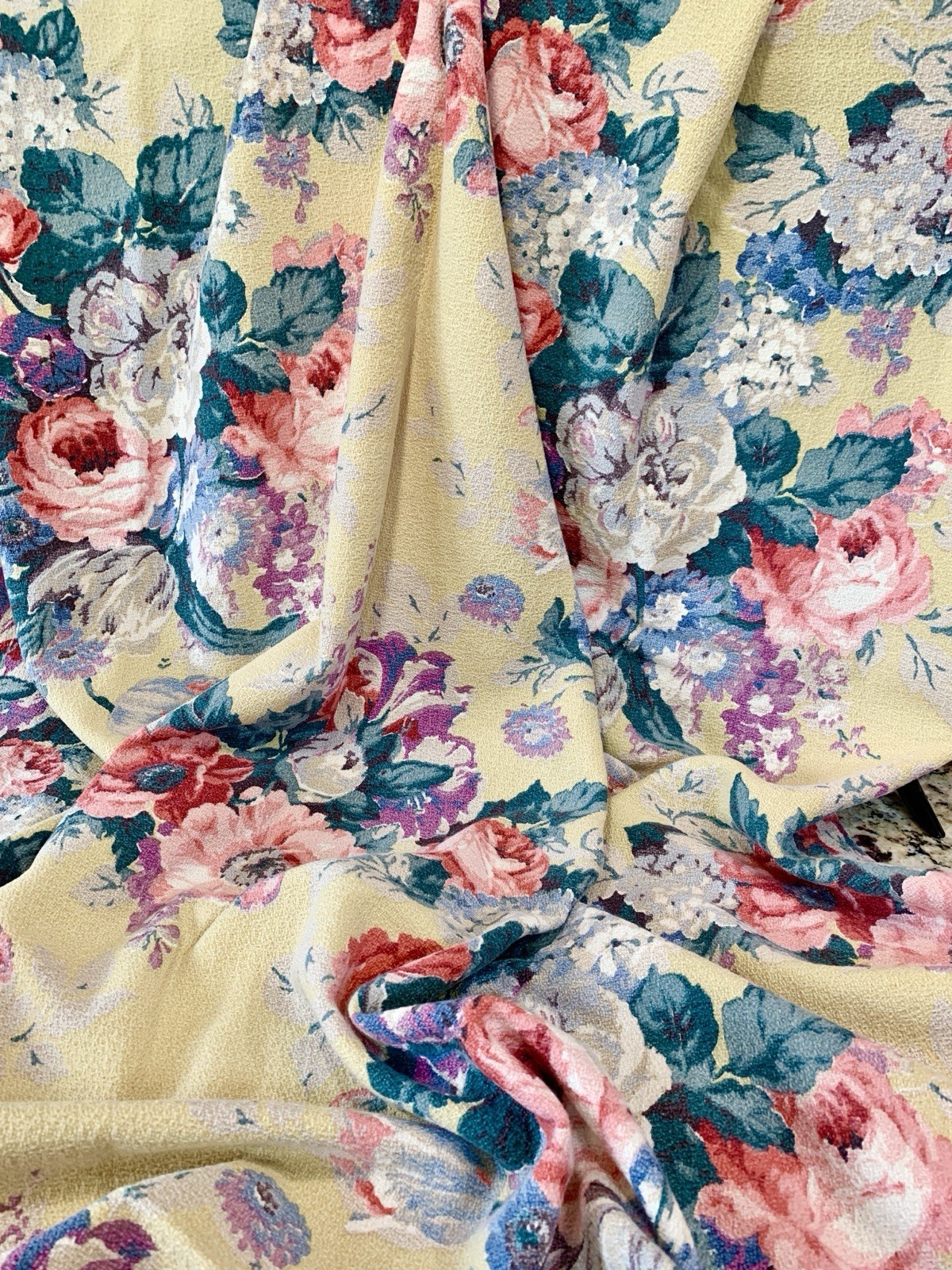 Vintage Yellow Barkcloth Romantic Floral Bouquet Heavy Cotton Panel 101
