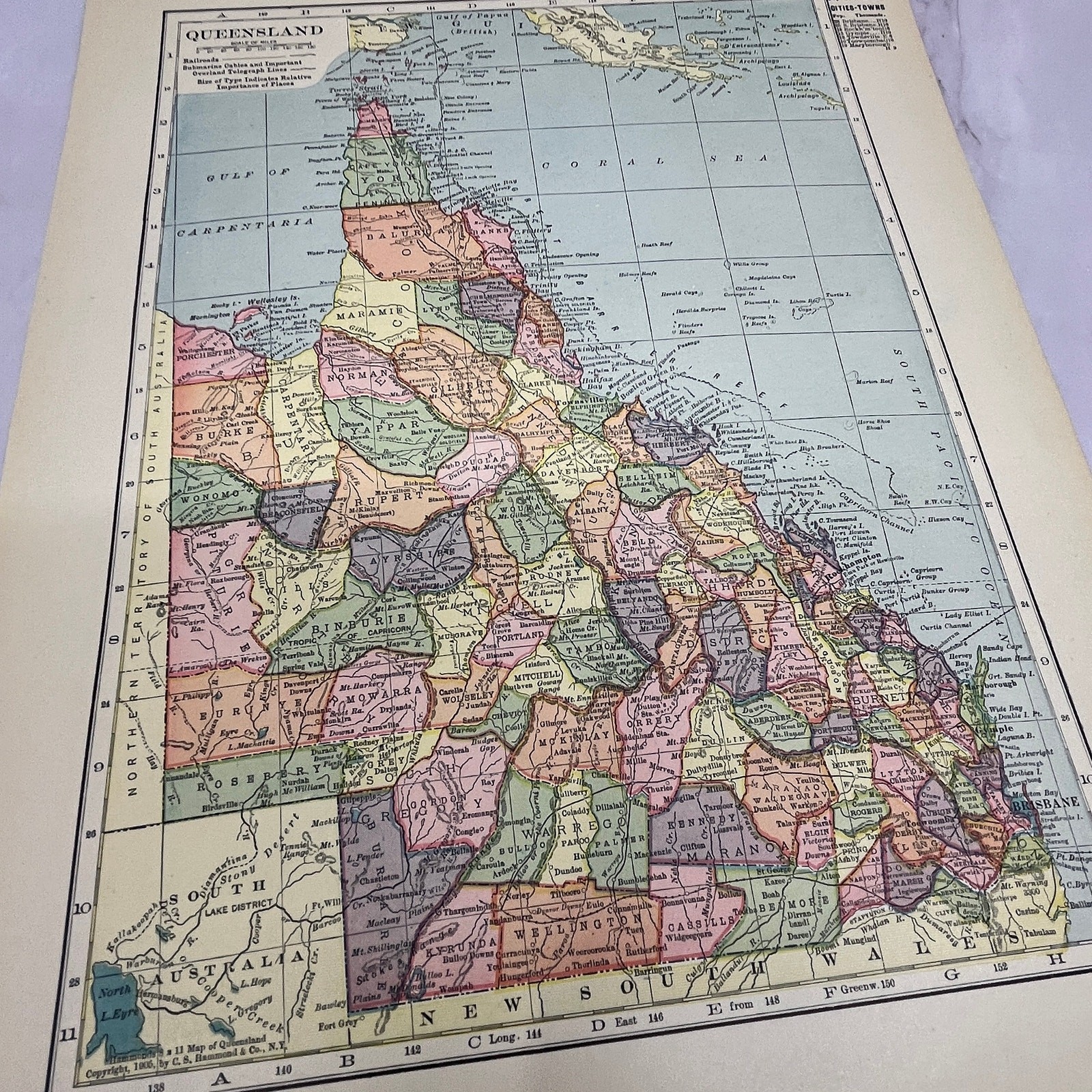 Map of Queensland Australia Double Sided 1910 Print V14-7