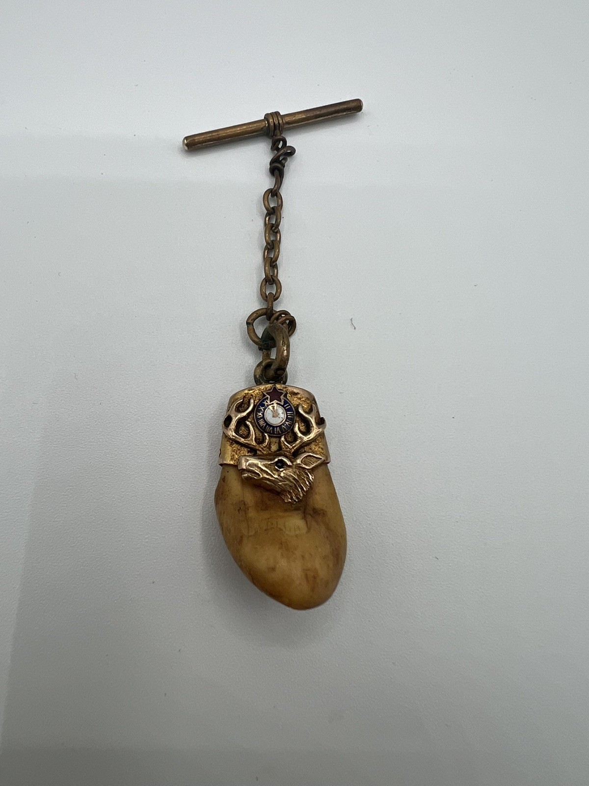 Vintage BPOE Elks Lodge 14k Gold Elk Tooth Pendant Keychain Gemstone Eyes Ruby?