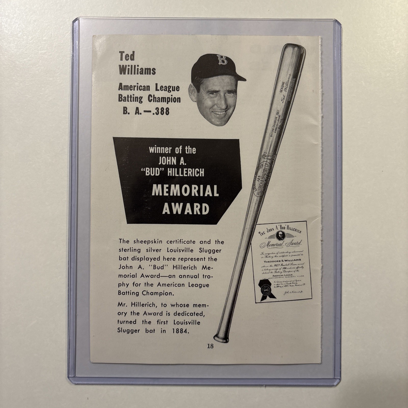 1958 Ted Williams J.A. Bud Hillerich Award Picture Boston Red Sox Rare Vintage