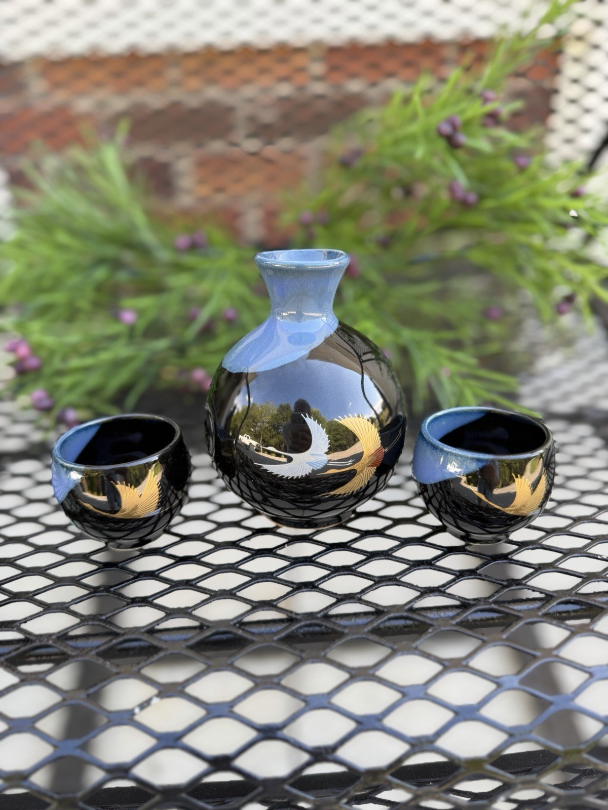 Vintage Japanese 3-Piece Sake Set – Black, Blue & Gold Crane Design