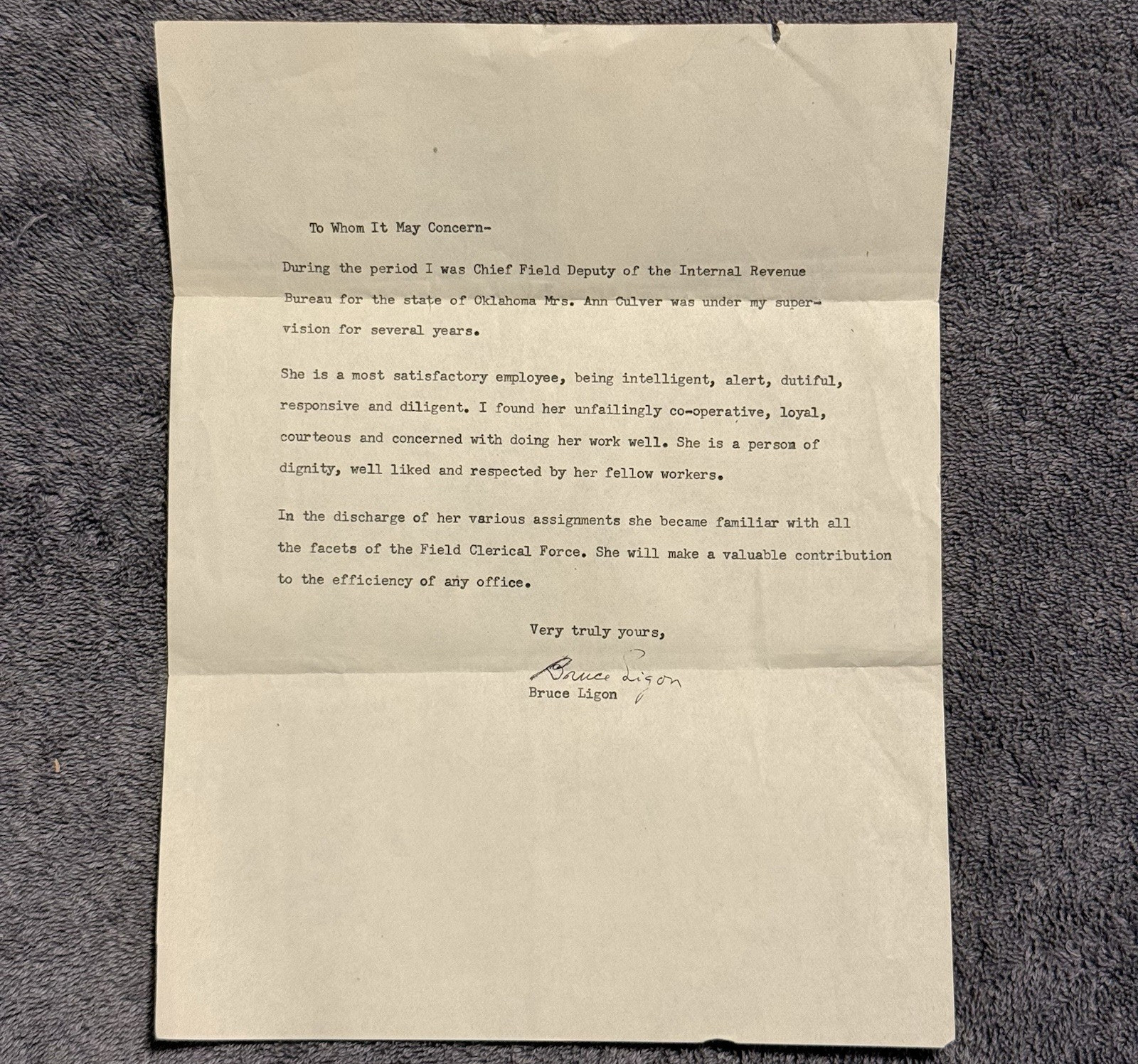 c.1930s IRS Oklahoma Reference Letter Ann Culver Employee