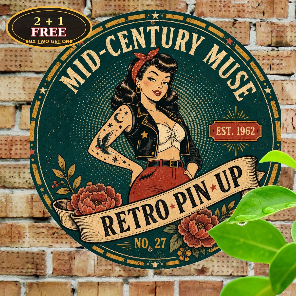 Tattooed Rose Girl Vintage Round Tin Sign Old School Ink Wall Decor 8x8