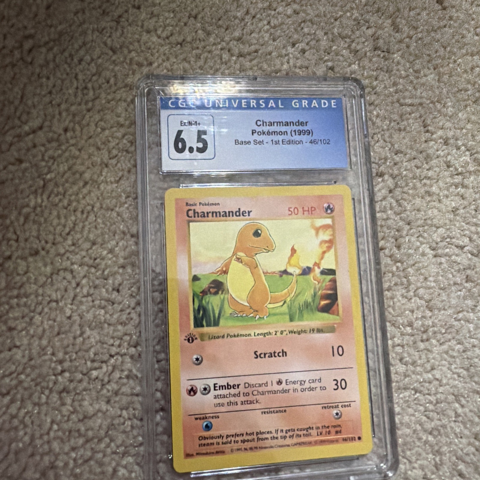 CHARMANDER #46/102 Pokemon Base Set 1st Ed 1999 Card CGC 6.5 Ex/NM+ CHARMANDER #46/102 Pokemon Base Set 1st Ed 1999 Card CGC 6.5 Ex/NM+