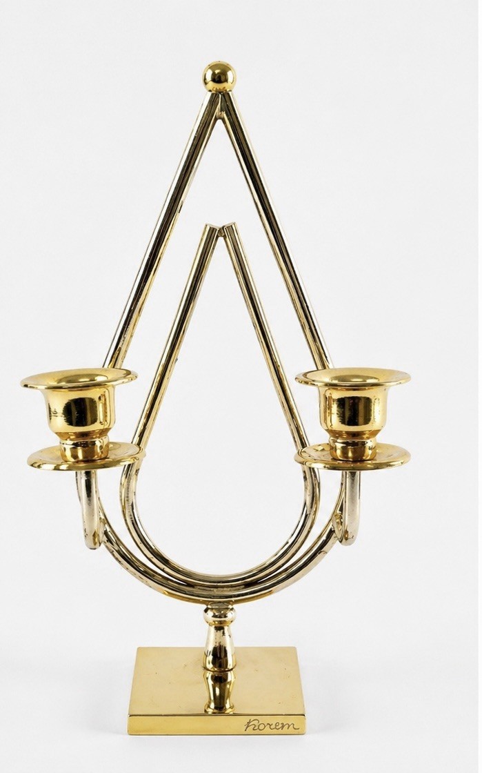 Korem Jerusalem 24K Gold Silver Plated Double Candlestick Holder Modernist 8”