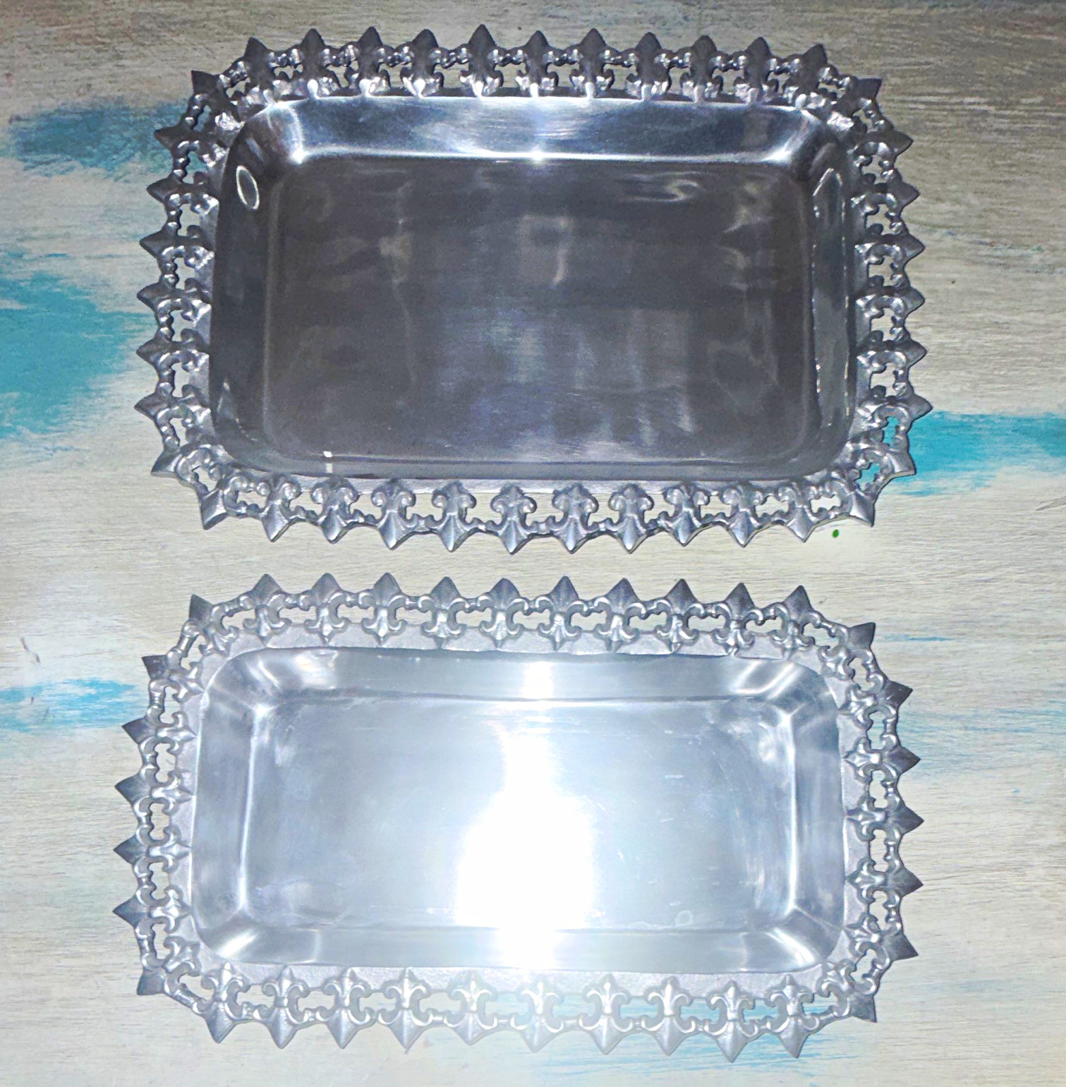 Set of 2 Polished Aluminum Rectangular Serving Trays Fleur de Lis  New Orleans