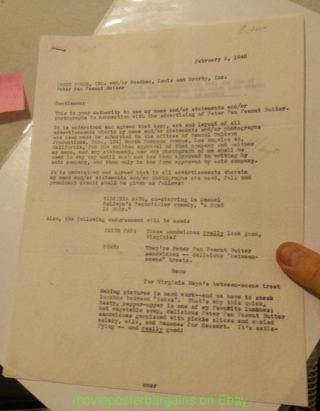 VIRGINIA MAYO Autographed Signed CONTRACT A Song Is Born PETER PAN PEANUT BUTTER