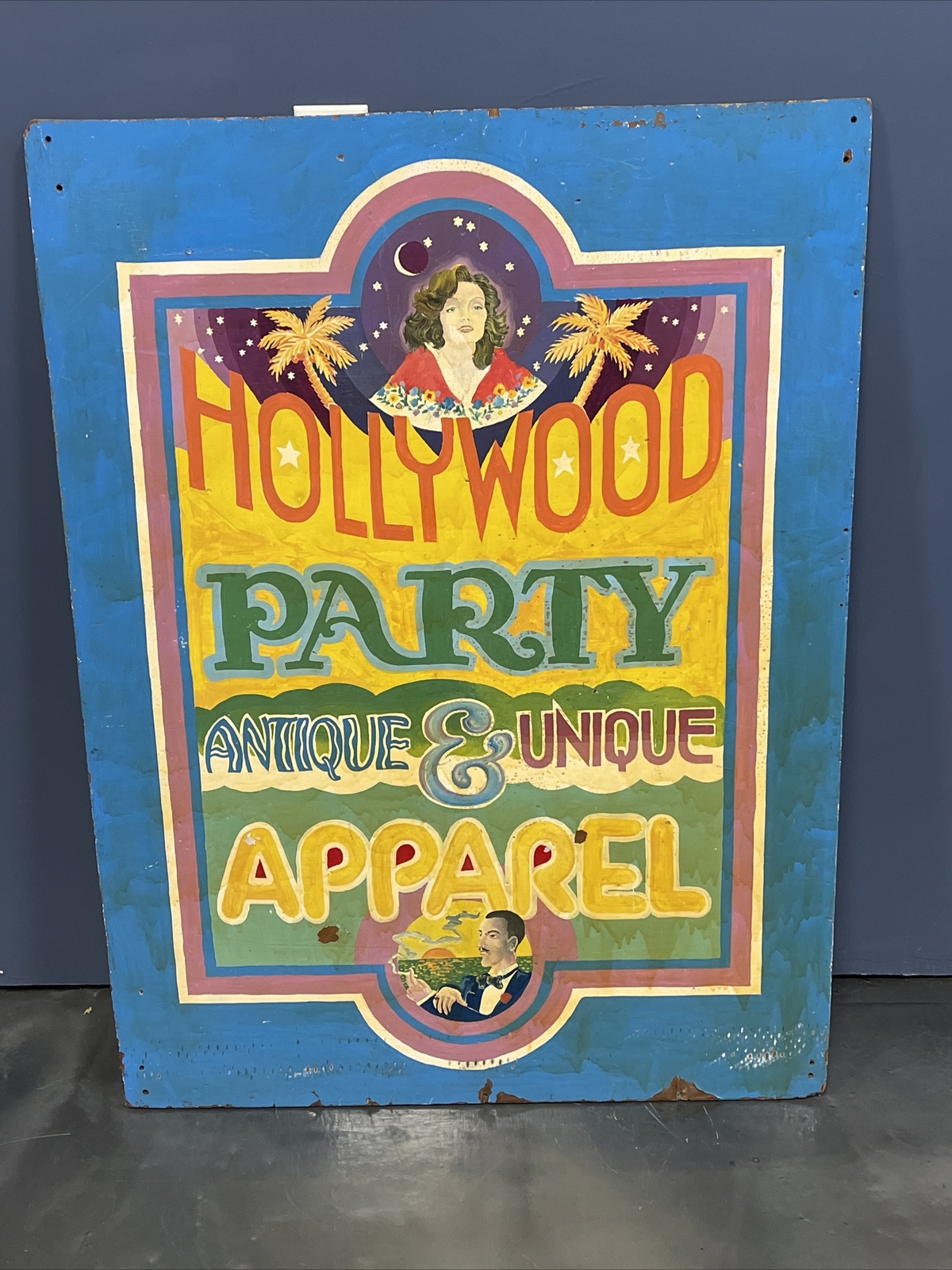 VINTAGE STORE ADVERTISING SIGN HOLLYWOOD PARTY ANTIQUE & UNIQUE APPAREL VINTAGE STORE ADVERTISING SIGN HOLLYWOOD PARTY ANTIQUE & UNIQUE APPAREL