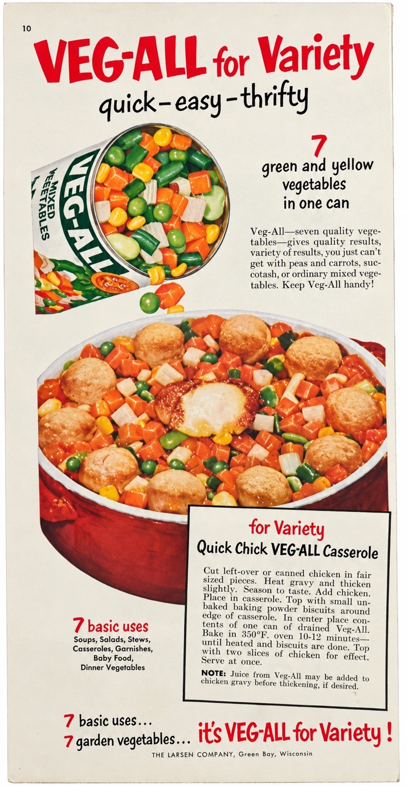 1952 VEG ALL Mixed Vegetables Chicken Casserole Recipe Green Bay Wisconsin Ad 1952 VEG ALL Mixed Vegetables Chicken Casserole Recipe Green Bay Wisconsin Ad
