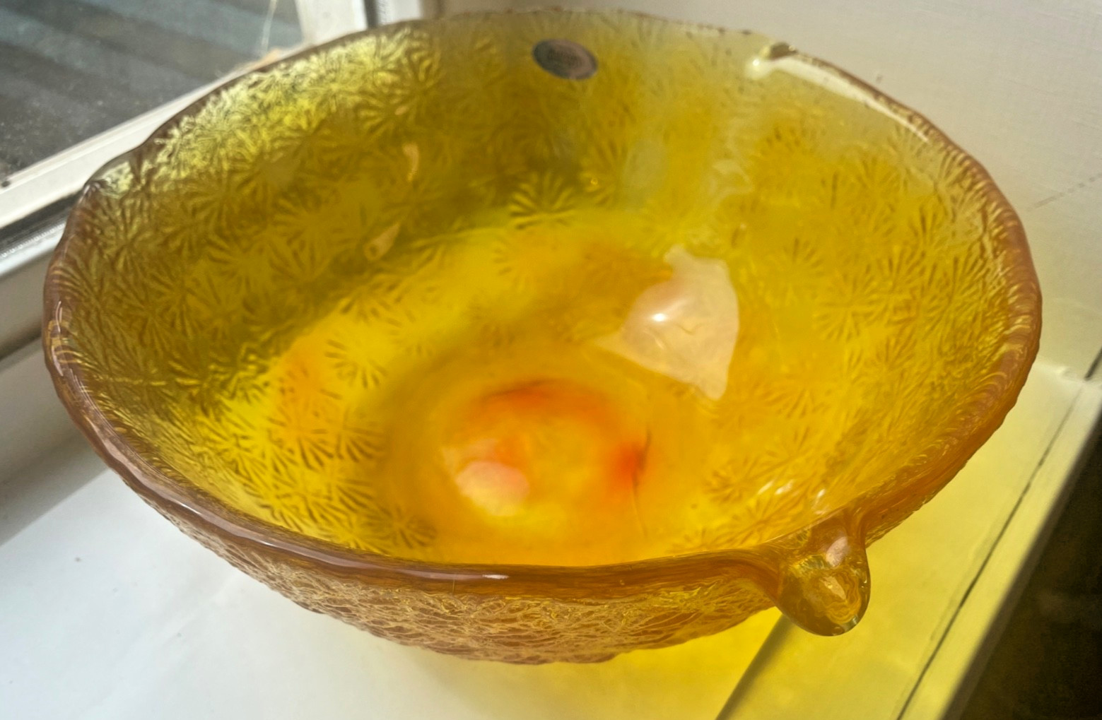 Blenko #6921L Starburst tangerine Glass Bowl Sandblasted decorative serving dish