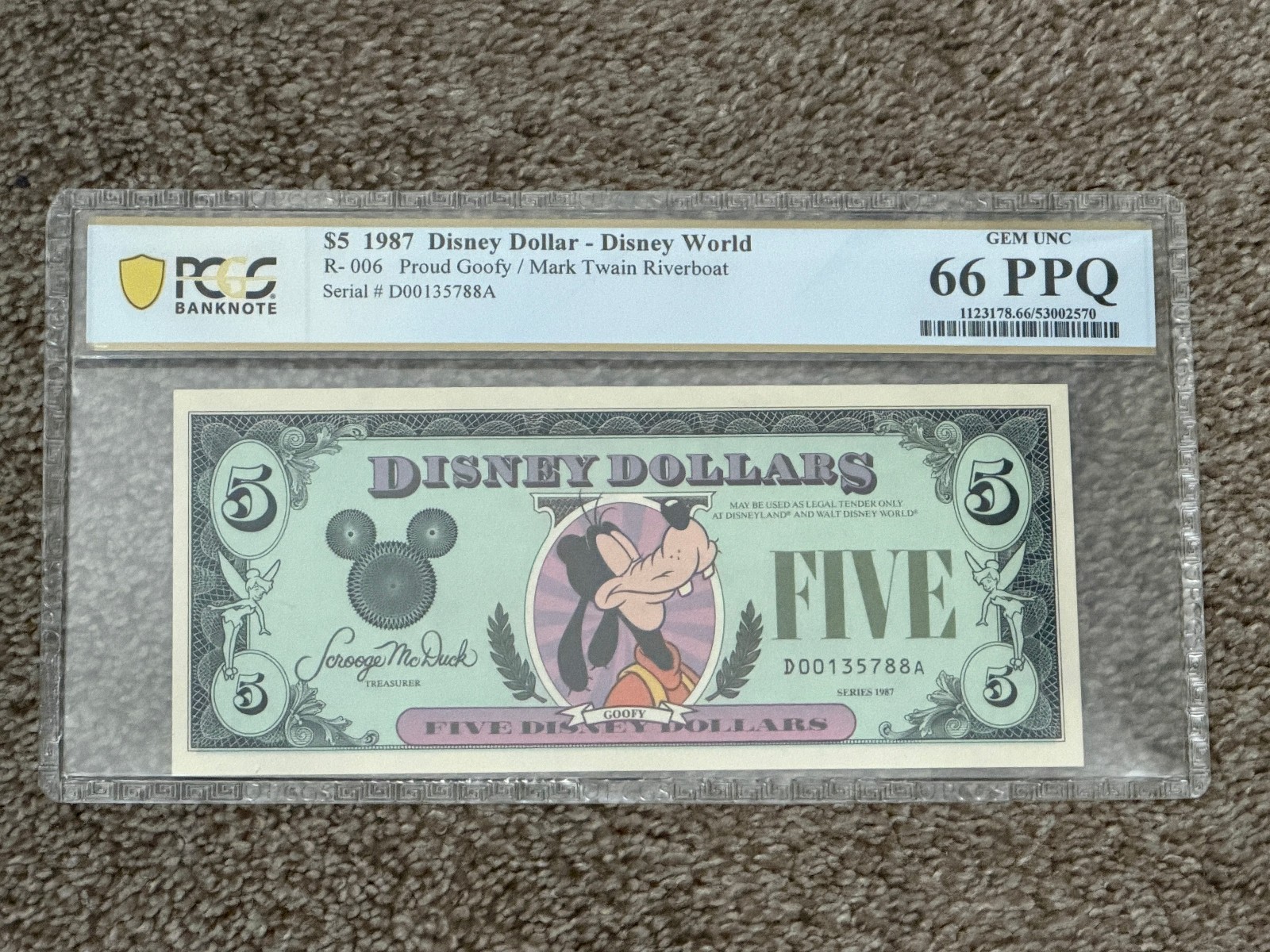 1987 $5 Disney Dollar Goofy Disney World R-006 Graded PCGS 66 PPQ Gem Unc 1987 $5 Disney Dollar Goofy Disney World R-006 Graded PCGS 66 PPQ Gem Unc