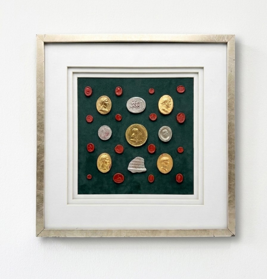 Grand Tour Neoclassical Gilded & Red Plaster Intaglio Set in Silvered Frame Grand Tour Neoclassical Gilded & Red Plaster Intaglio Set in Silvered Frame