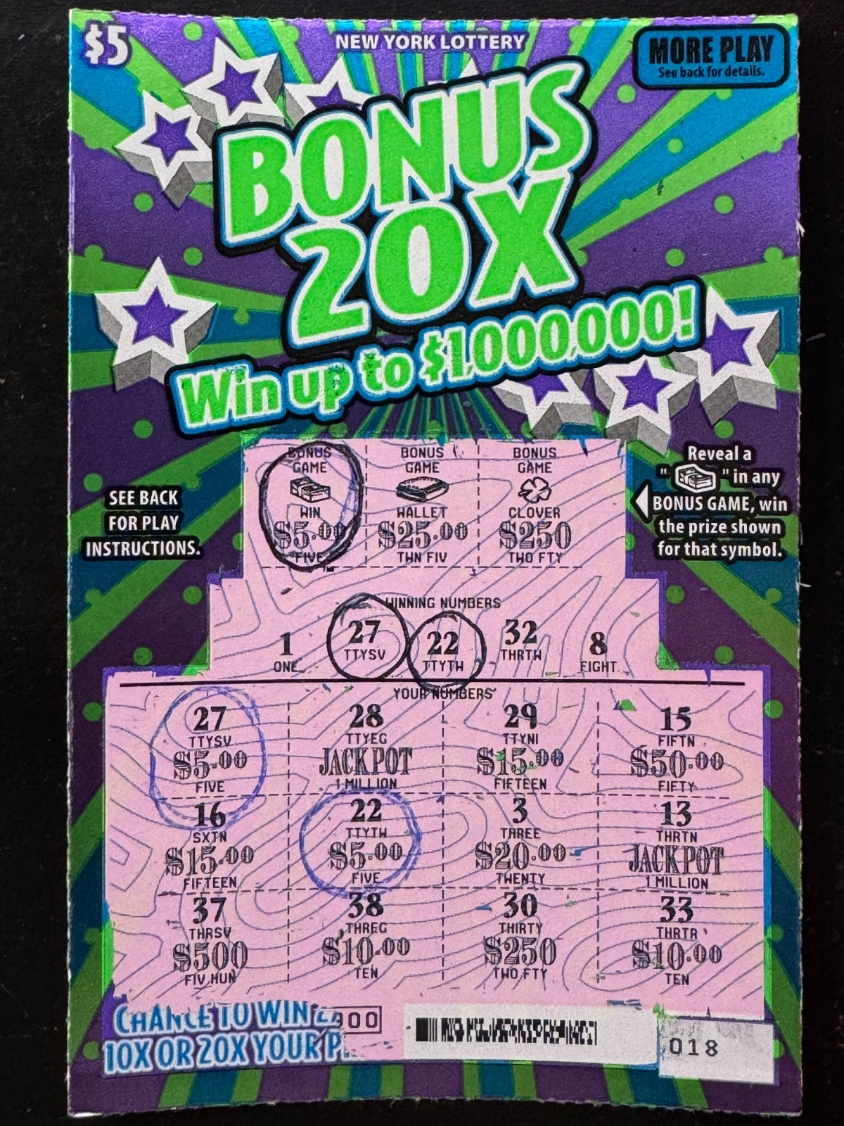 LUCKY NY SCRATCH-OFF $5 LOTTERY, CASH OUT, EMPTY, WON $15, BONUS 20X, WINNER LUCKY NY SCRATCH-OFF $5 LOTTERY, CASH OUT, EMPTY, WON $15, BONUS 20X, WINNER