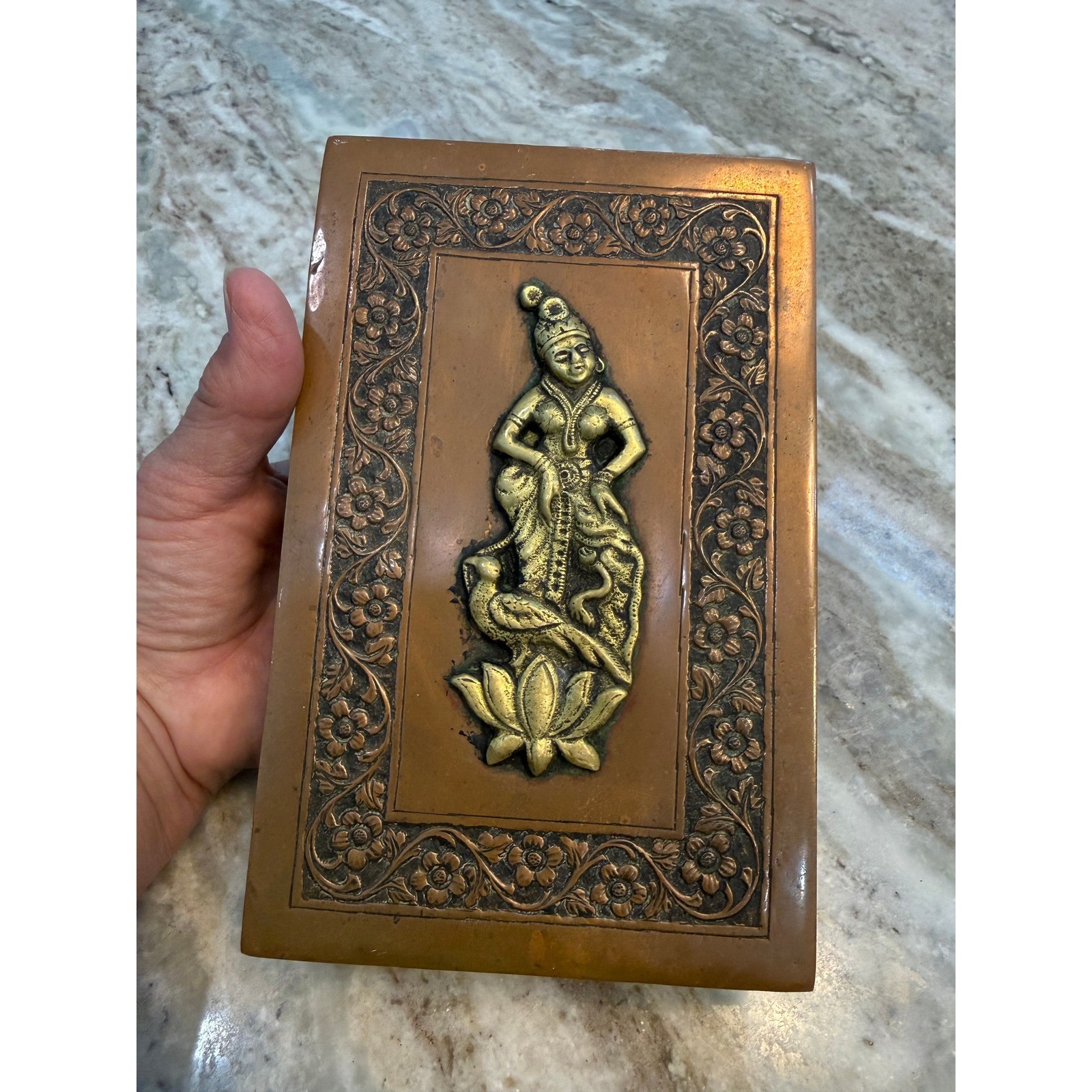 Vintage Copper Brass Hindu Deity Trinket Box Repousse Floral Jewelry Case