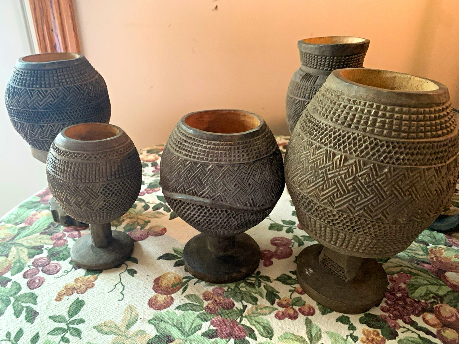 African Handmade Carved Wooden Cups & Goblets Lot w/ Head-Form Decorative Piece African Handmade Carved Wooden Cups & Goblets Lot w/ Head-Form Decorative Piece