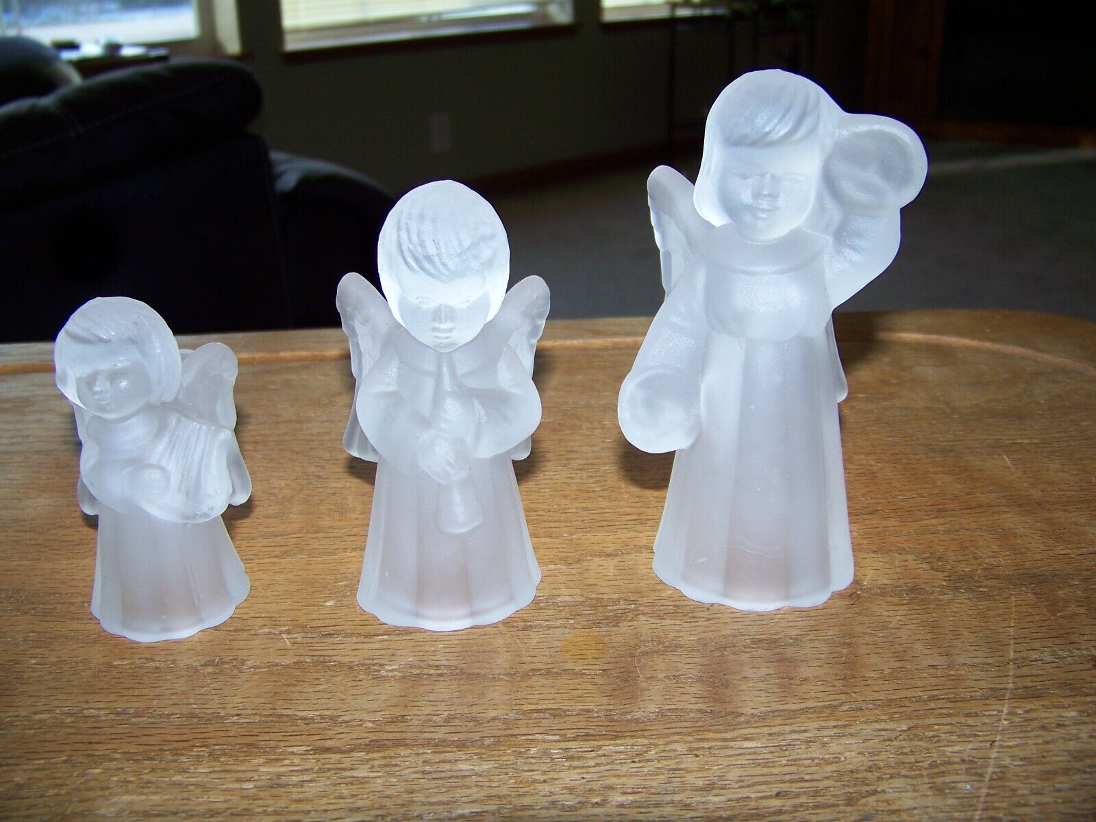 ANGEL FROSTED SATIN GLASS SET OF 3 CHOIR ANGELS W/INSTRUMENTS CANDLE HOLDERS