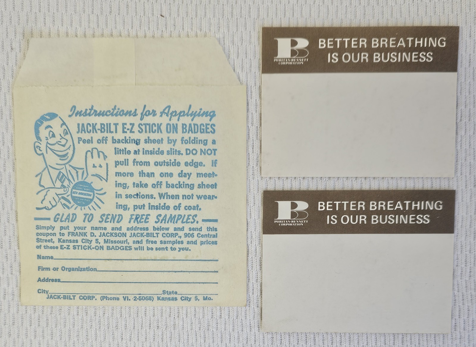 Vintage 1940\'s Jack-Bilt E-Z Stick On Name Badge Stickers Puritan-Bennett Corp