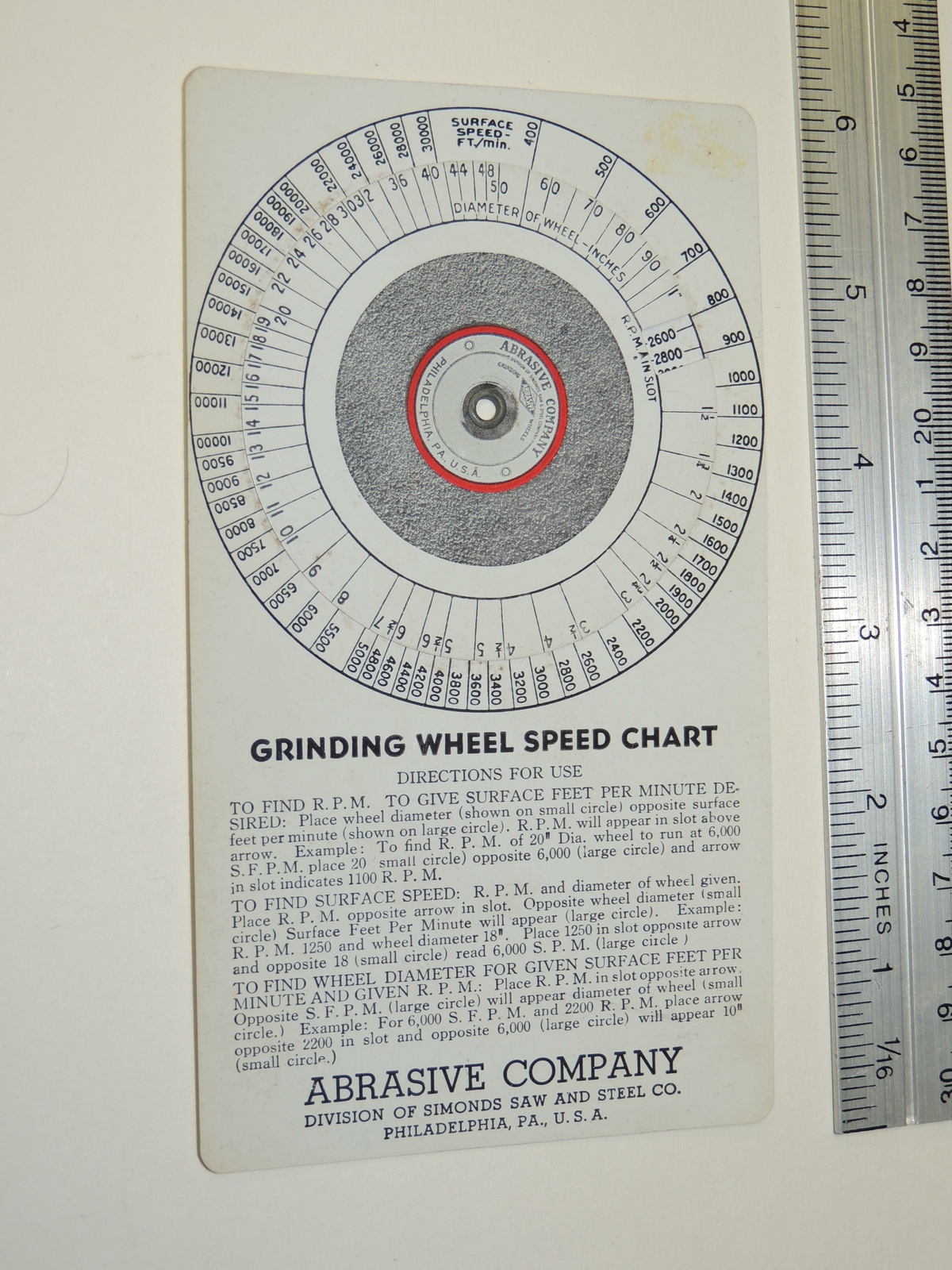 Vintage Abrasive Company Grinding Wheel Speed Chart Vintage Abrasive Company Grinding Wheel Speed Chart