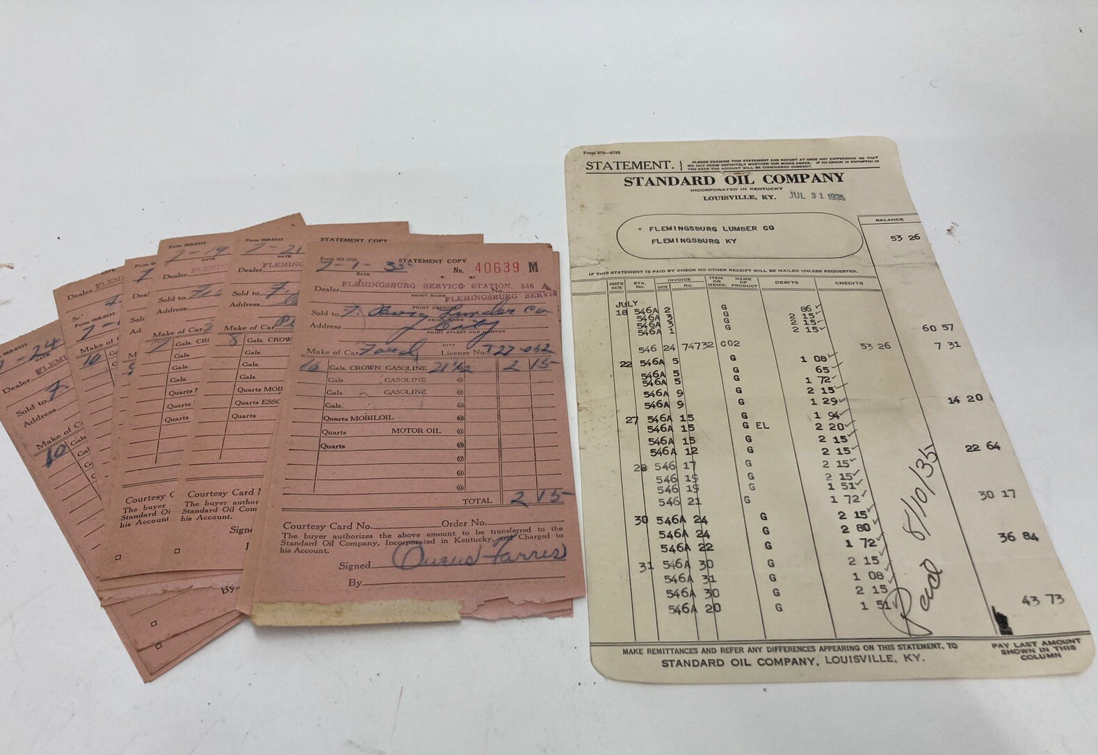 Vintage 1935 Standard Oil Co Flemingsburg Service Station Statement & Receipts Vintage 1935 Standard Oil Co Flemingsburg Service Station Statement & Receipts