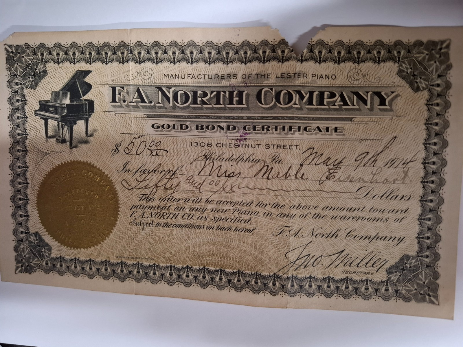 1914 F.A. North Co $50 Gold Bond Certificate Lester Piano Philadelphia 1914 F.A. North Co $50 Gold Bond Certificate Lester Piano Philadelphia