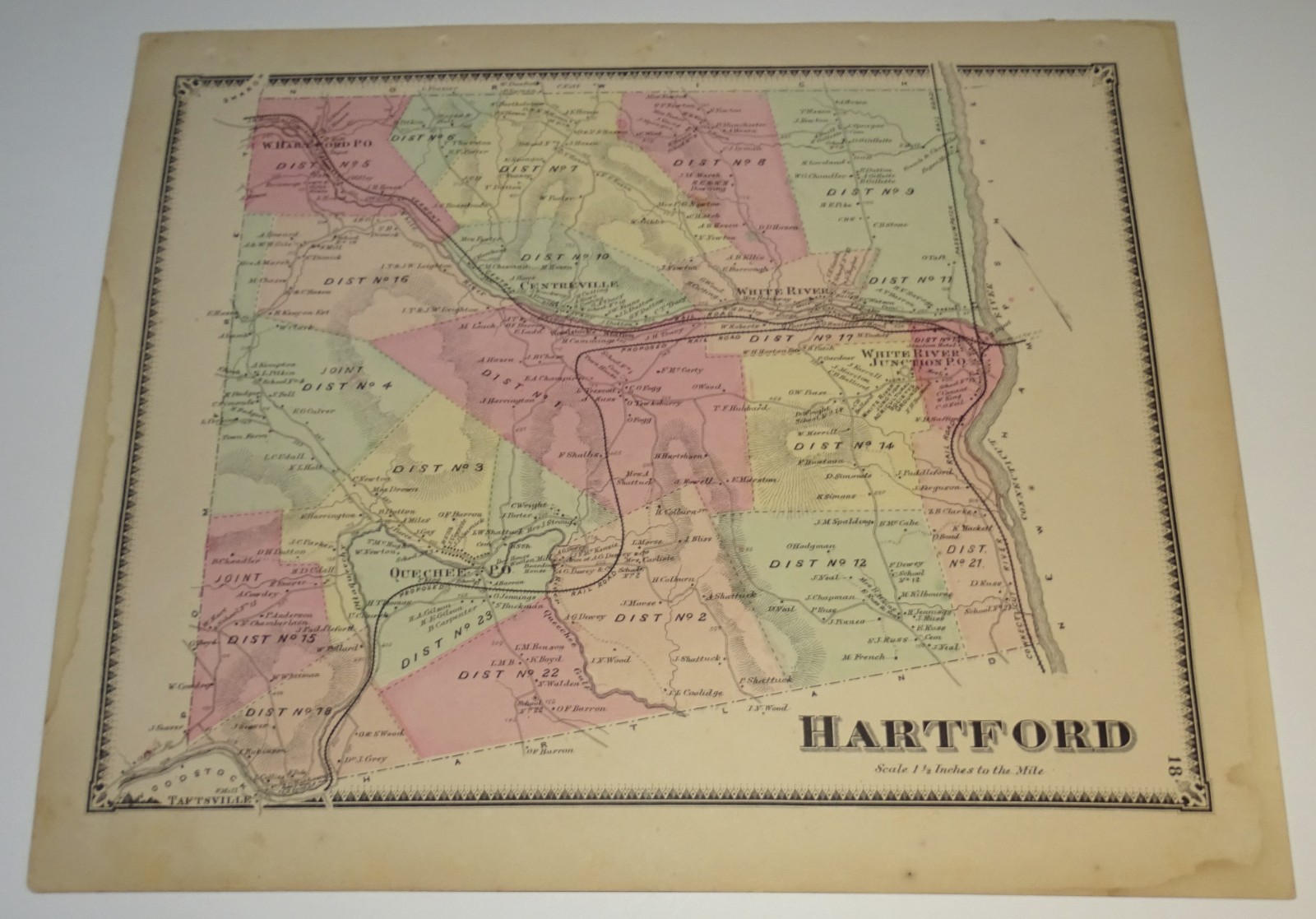 1869 HARTFORD VERMONT MAP from F. W. Beers Atlas 12.75 x 15.75