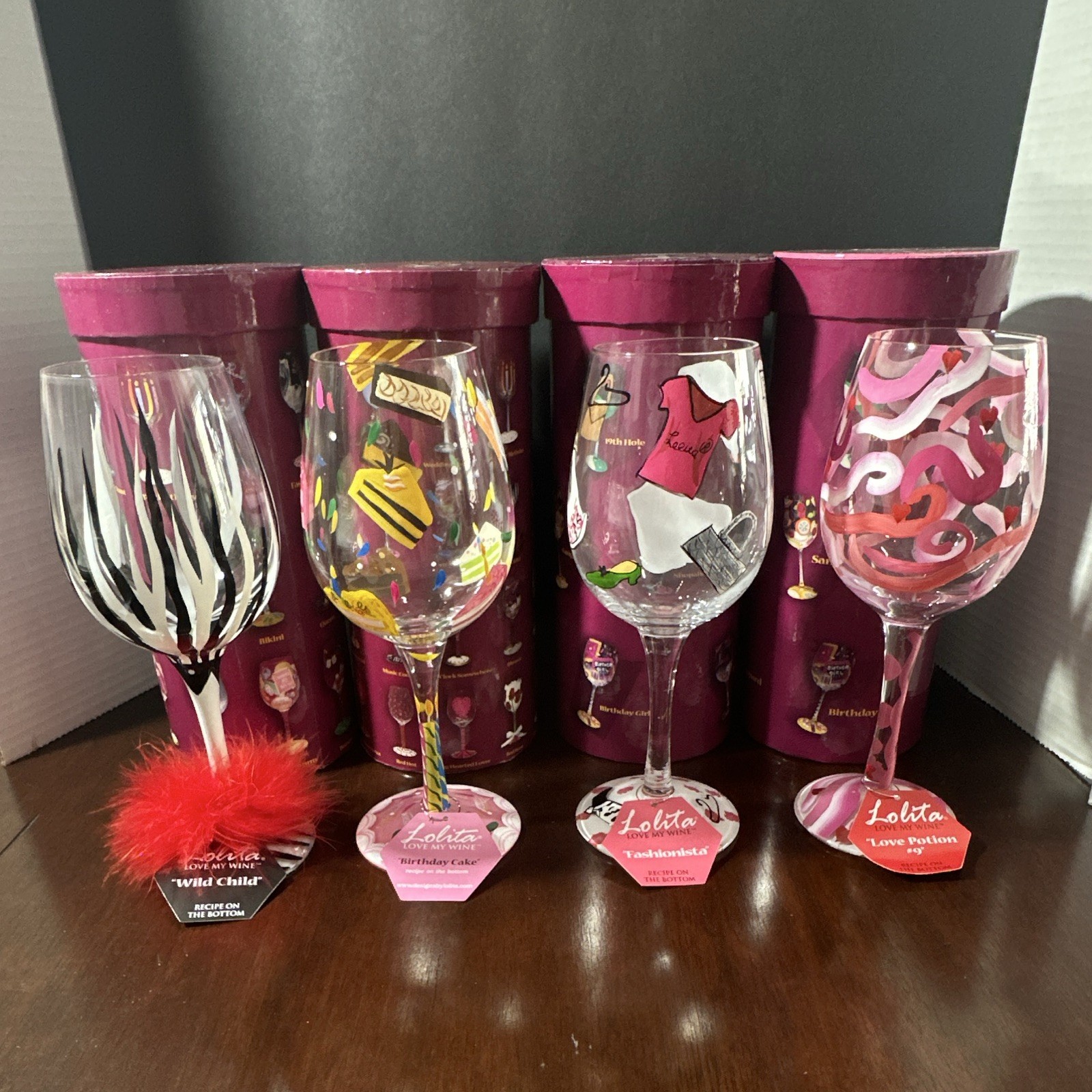 Lolita Hand Painted 15 oz Wine Glasses Set of 4 Assorted Designs New Lolita Hand Painted 15 oz Wine Glasses Set of 4 Assorted Designs New
