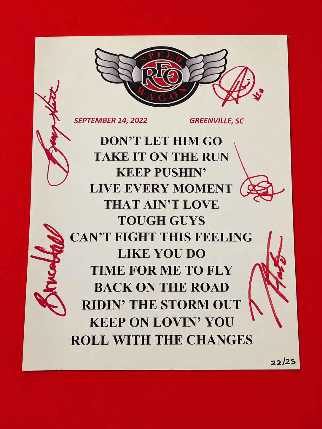 REO Speedwagon Concert Signed S Holmdel NJ Setlist 22 OF 25 REO Speedwagon Concert Signed S Holmdel NJ Setlist 22 OF 25