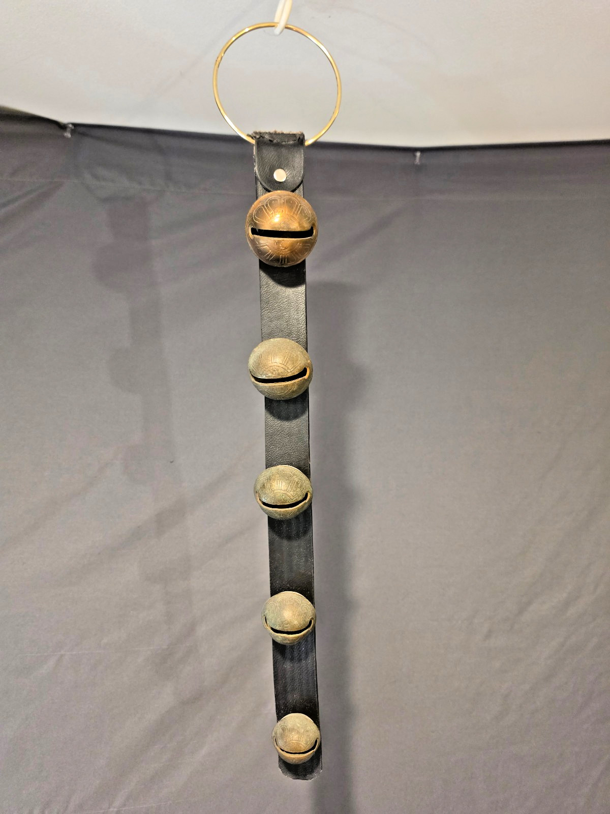Antique Graduated Brass Sleigh Bells No. 5-9 on Leather Strap 20 Antique Graduated Brass Sleigh Bells No. 5-9 on Leather Strap 20