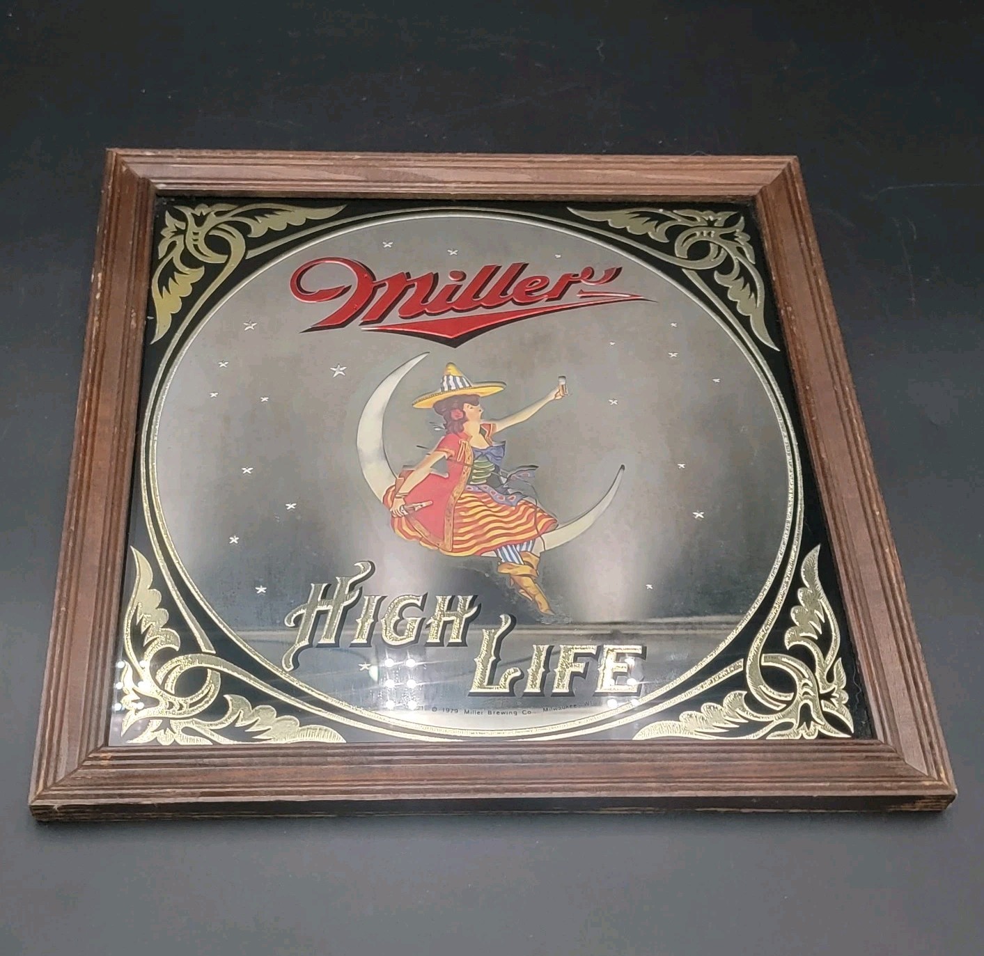Vintage 1980s Miller High Life Mirror  Glass Inlay Art Bar Sign Framed