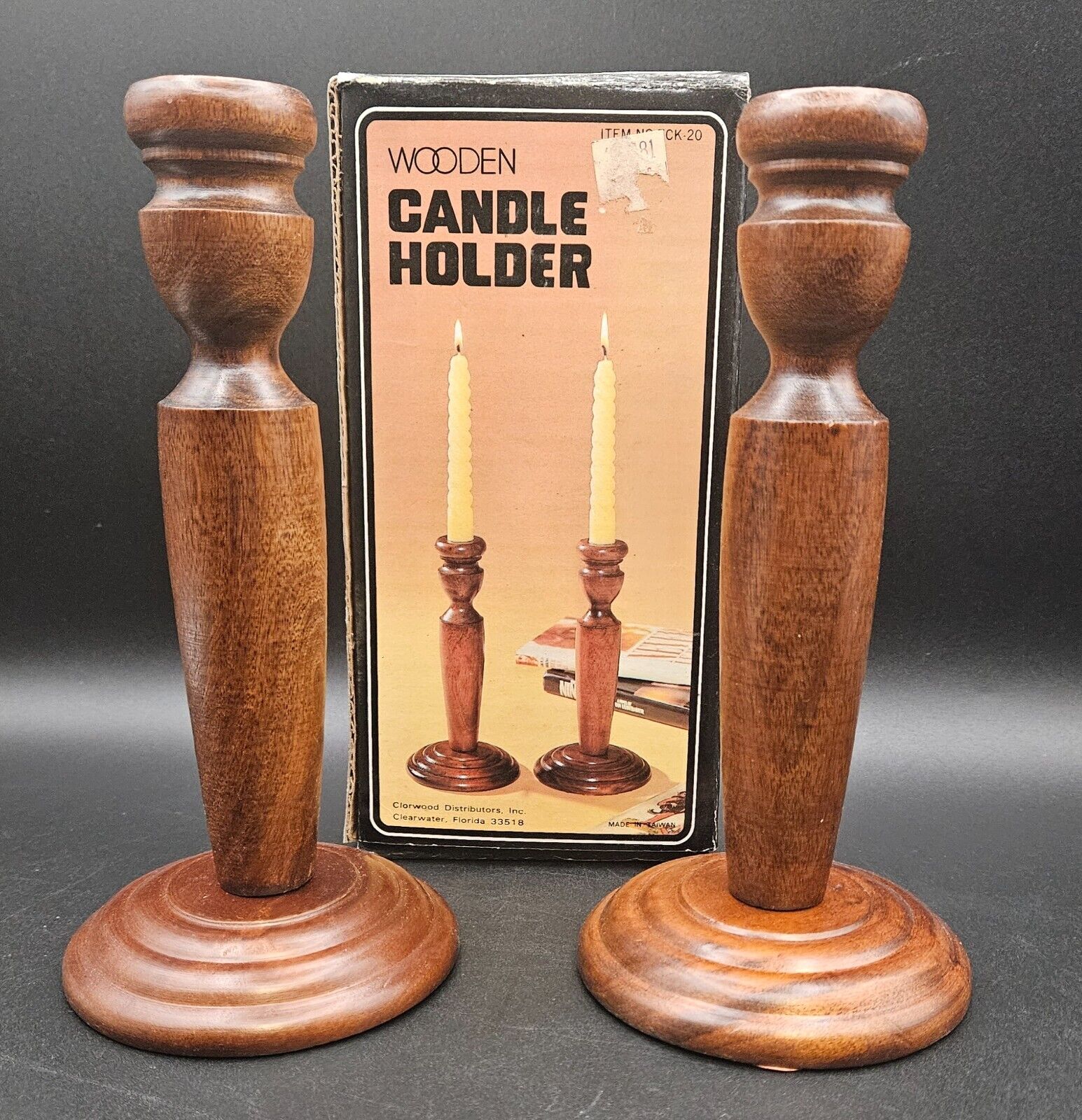 Pair of Vintage Medium Toned Wood Wooden Candleholders Candlesticks 8\