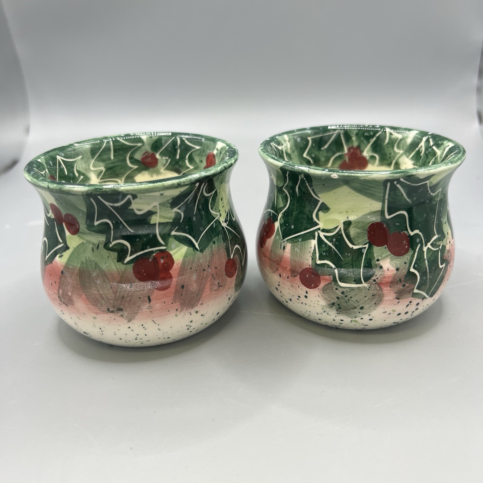 Enesco Julie Ueland 1999 HOLLY BERRY Candle Holder Set of 2 Christmas Holiday