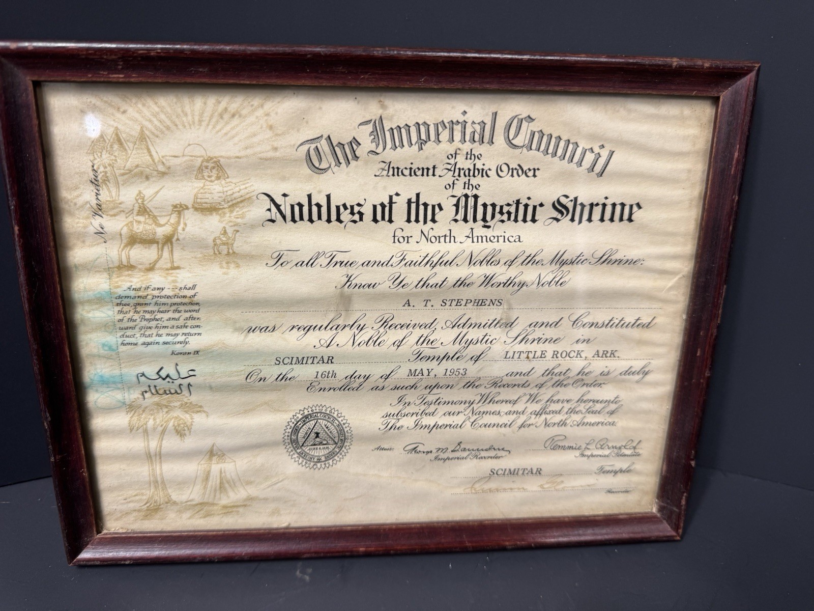 Ancient Arabic Order of the Nobles of the Mystic Shrine/Shriners/Membership Cert