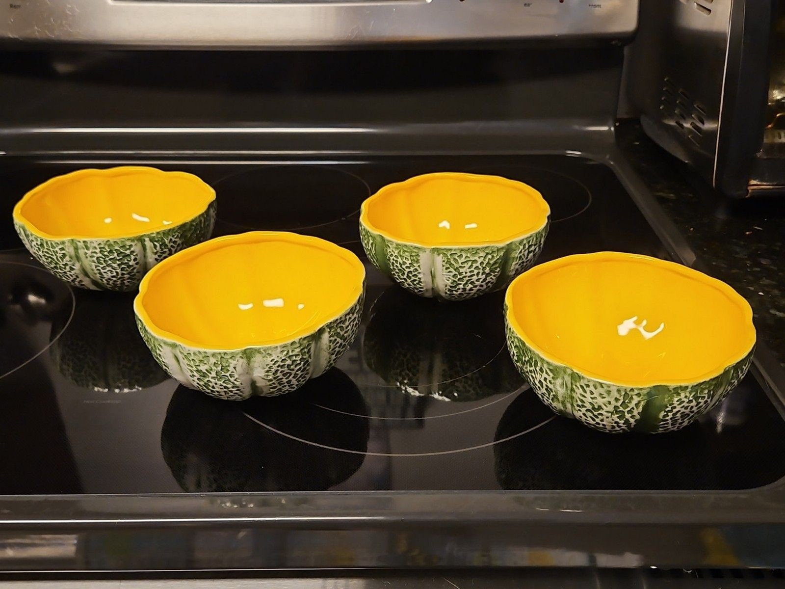 Set Of 4 Vintage Majolica Knobler Style Ceramic Cantaloupe Bowls EUC