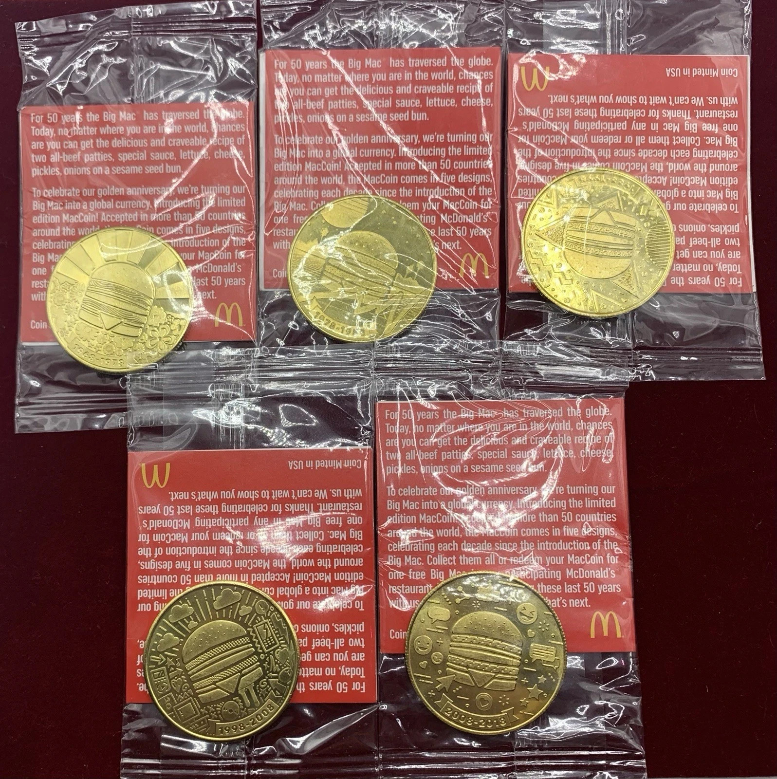 COMPLETE SET 5 McDonalds 50 Years Of Big Mac Collectors Coins Decades 1968-2018