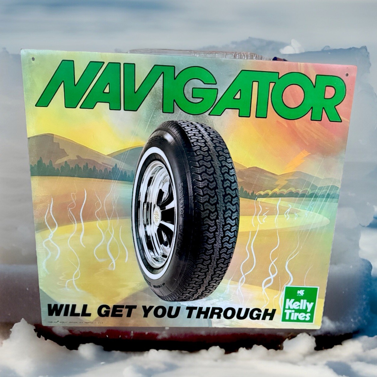 KELLY NAVIGATROR TIRES VTG VARI VUE 2 SIDES LENTICULAR DEALERSHIP SIGN MINT NOS