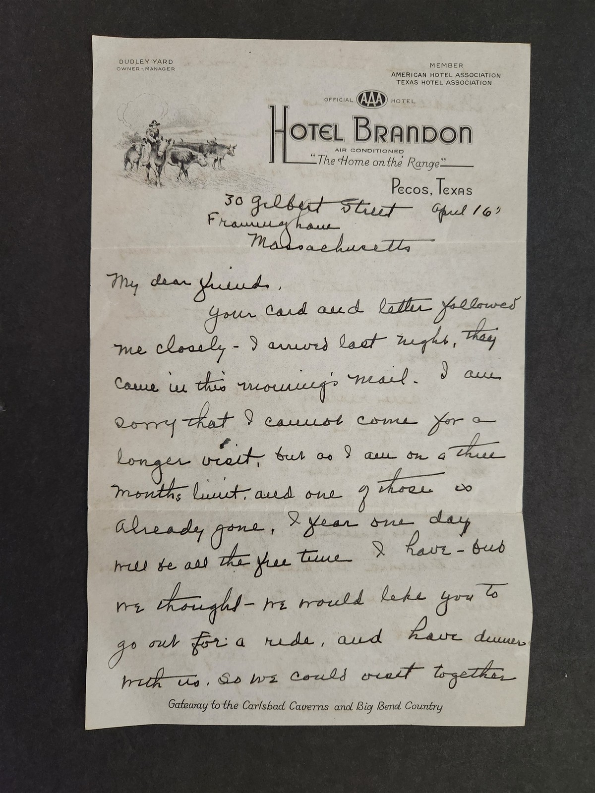 1930s antique HOTEL BRANDON pecos tx TRAVEL LETTER framingham ma ELORA UNDERWOOD
