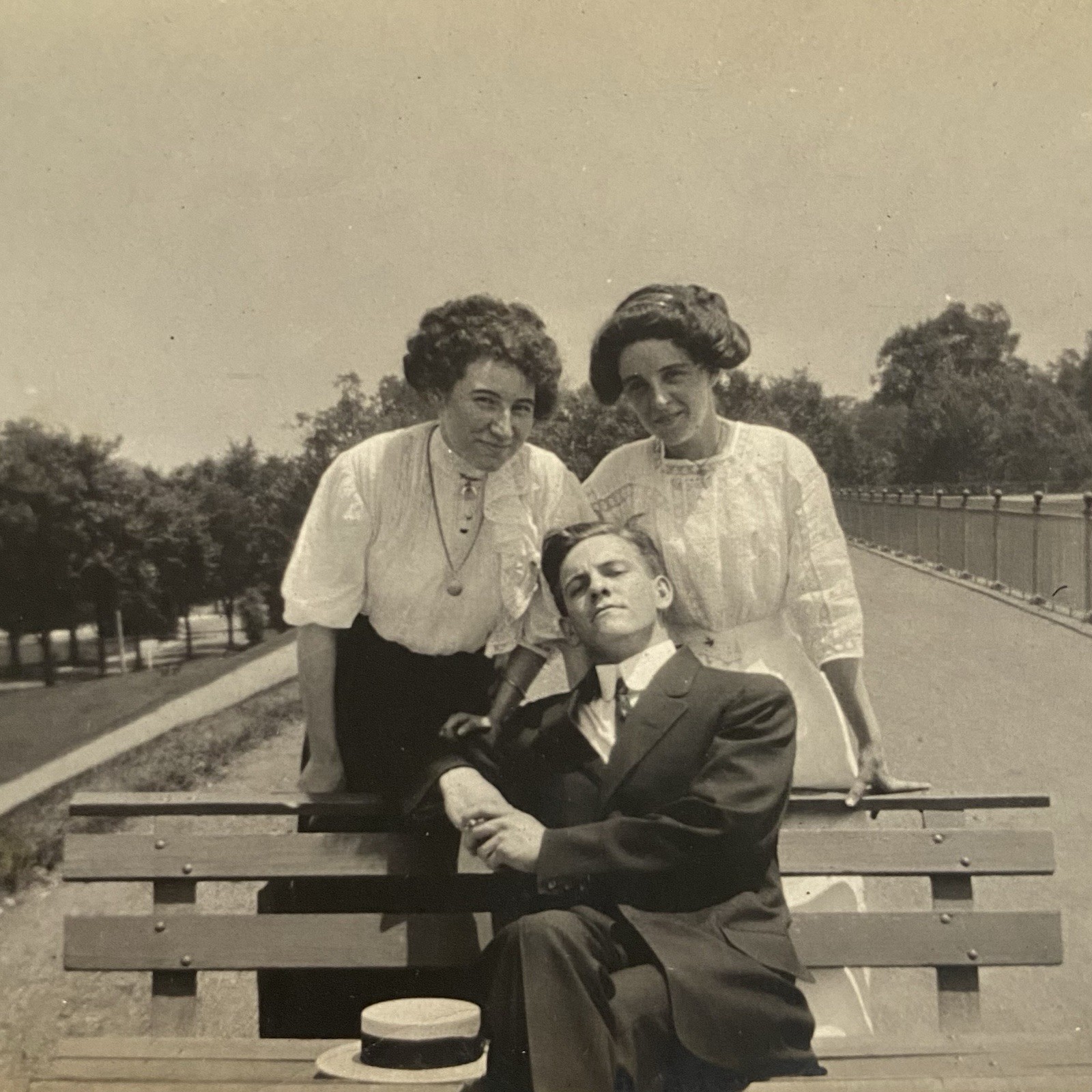 Antique Photo Sassy Man & His Two Lady Friends Black & White Old Vintage Photo