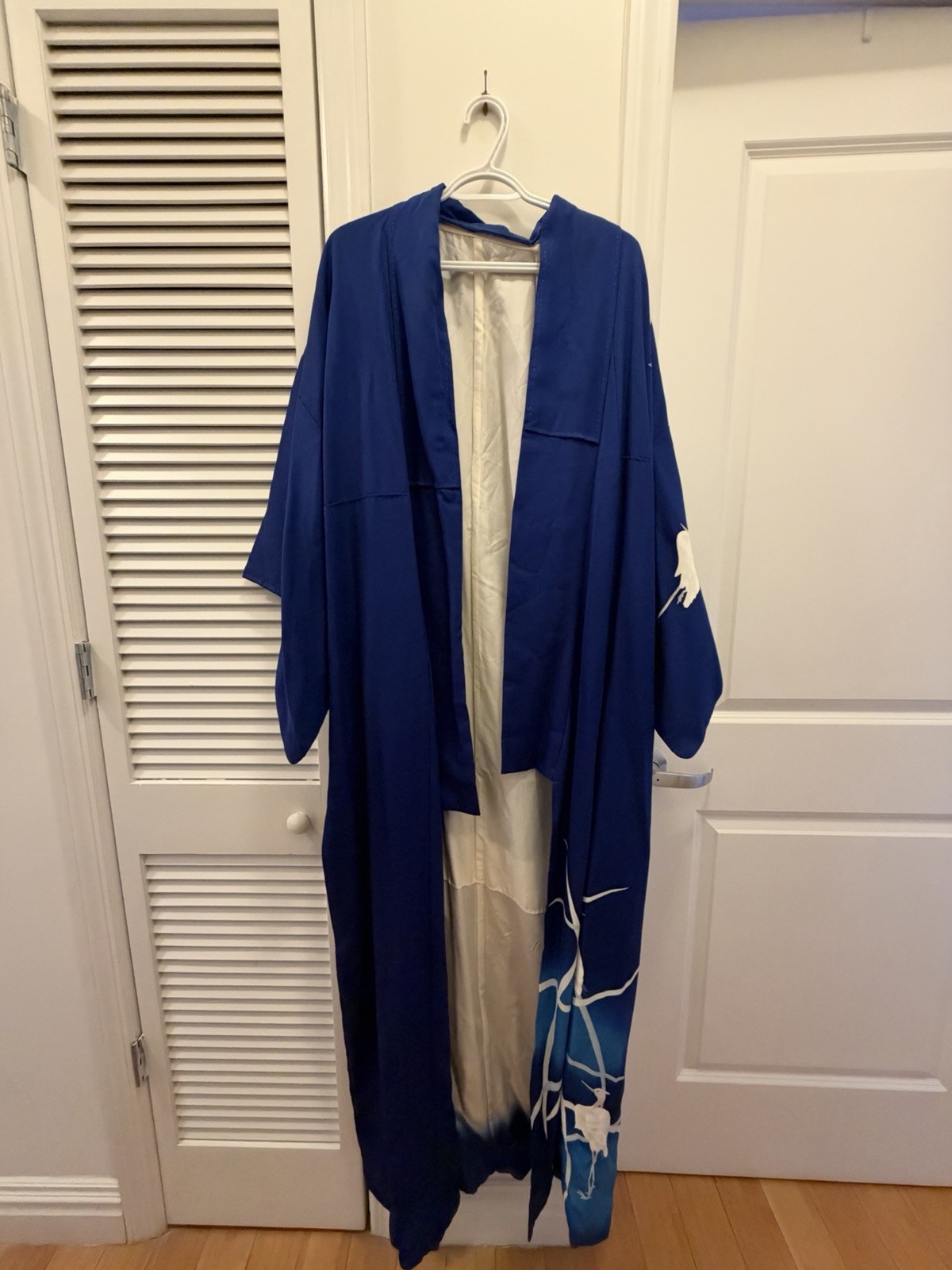 Vintage Silk Long Blue And White Kimono With Painted And Embroidered Cranes