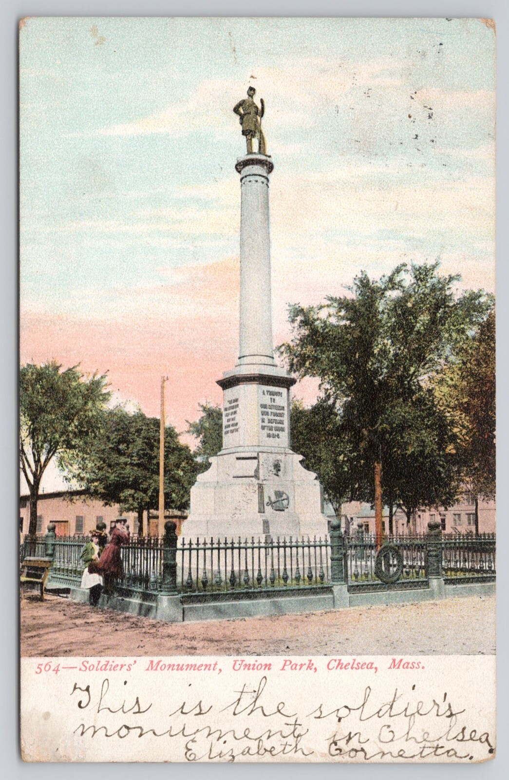 Chelsea MA Massachusetts Soldiers Monument Union Park Posted 1908 UDB Postcard