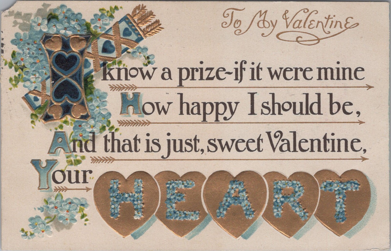 c1910 Antique To My Valentine Embossed Hearts Floral Design Postcard