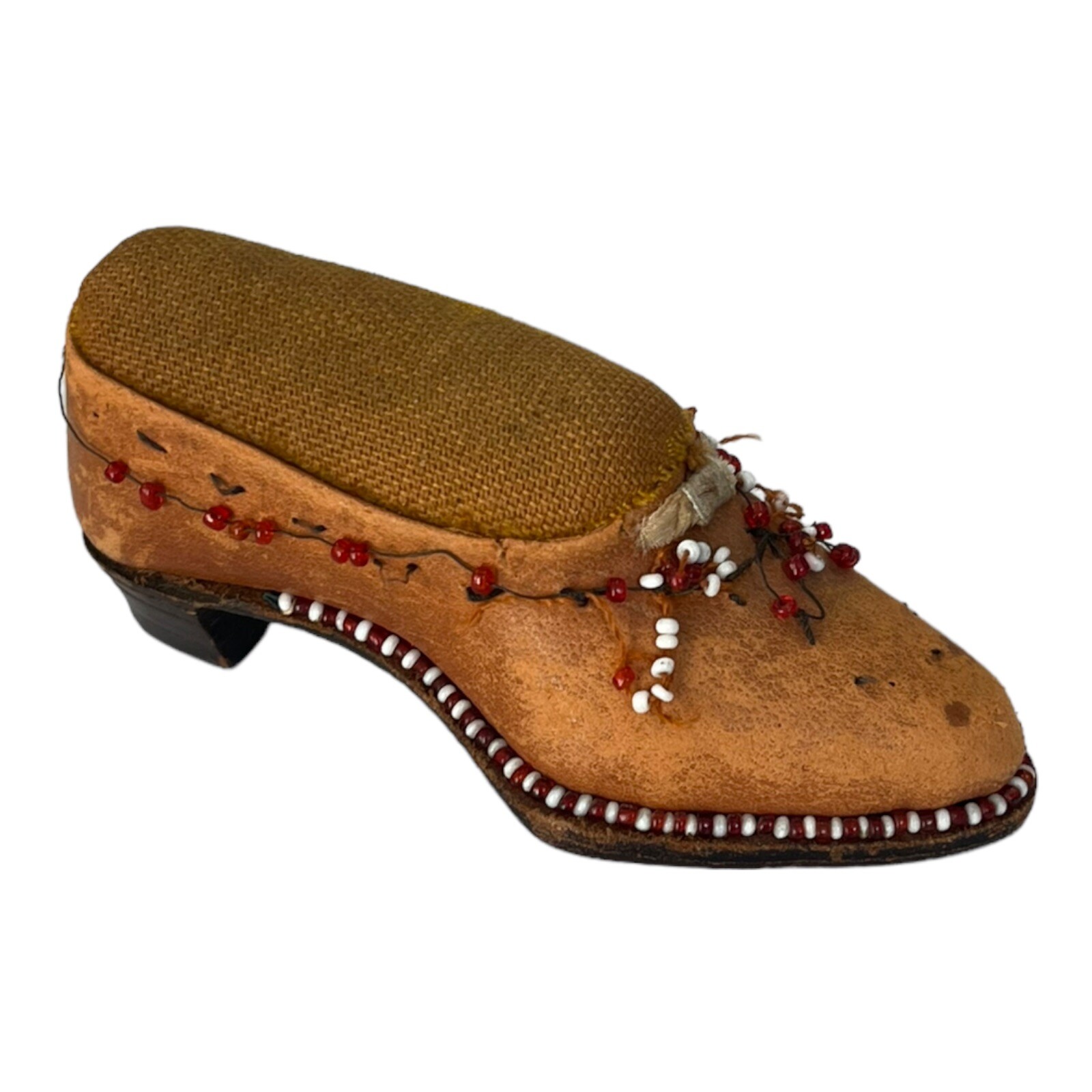 Antique Victorian Folk Art Wood Shoe Sewing Pin Cushion Beaded Hand Carved 4\